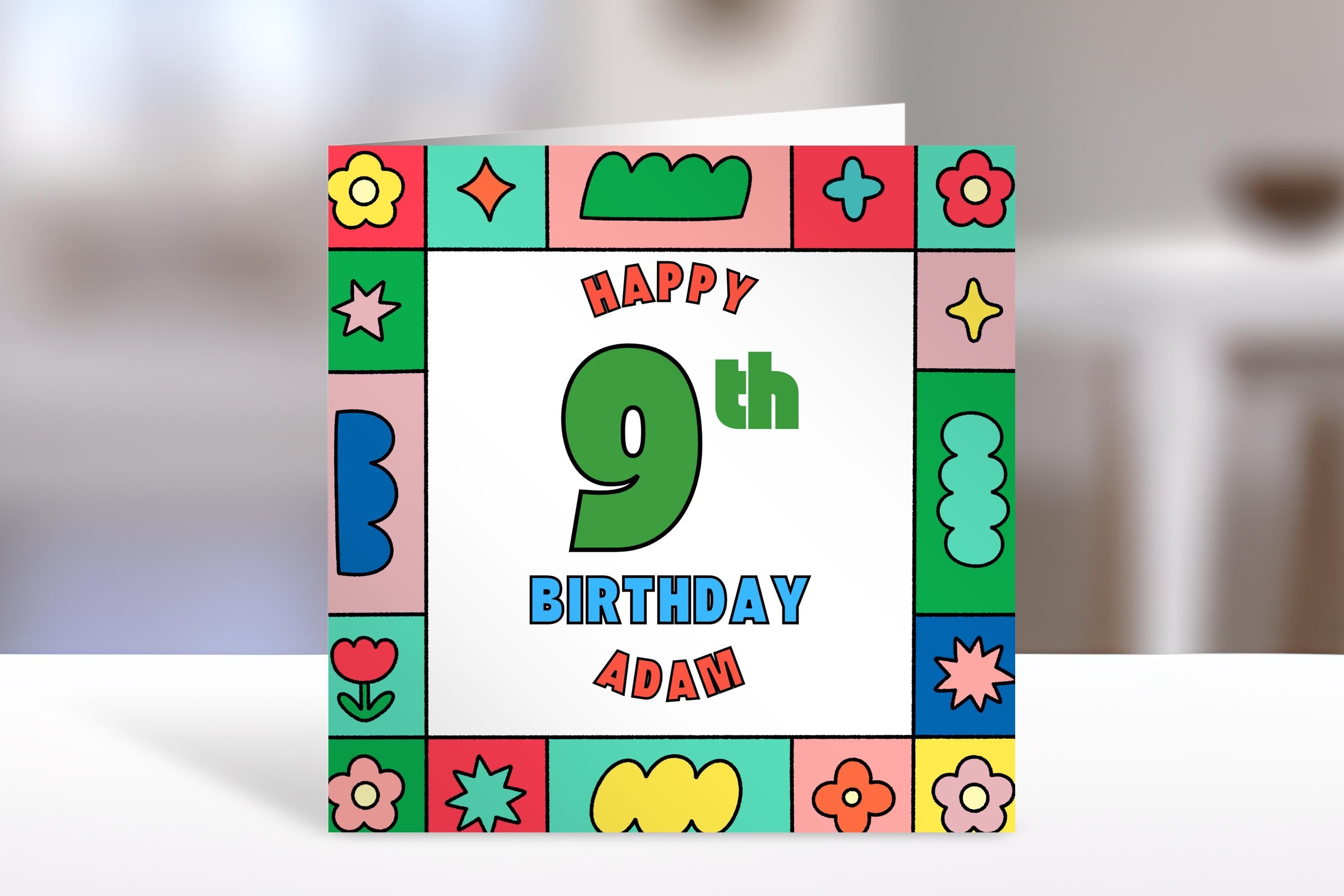 Personalised 9th birthday card, colours, child Gift