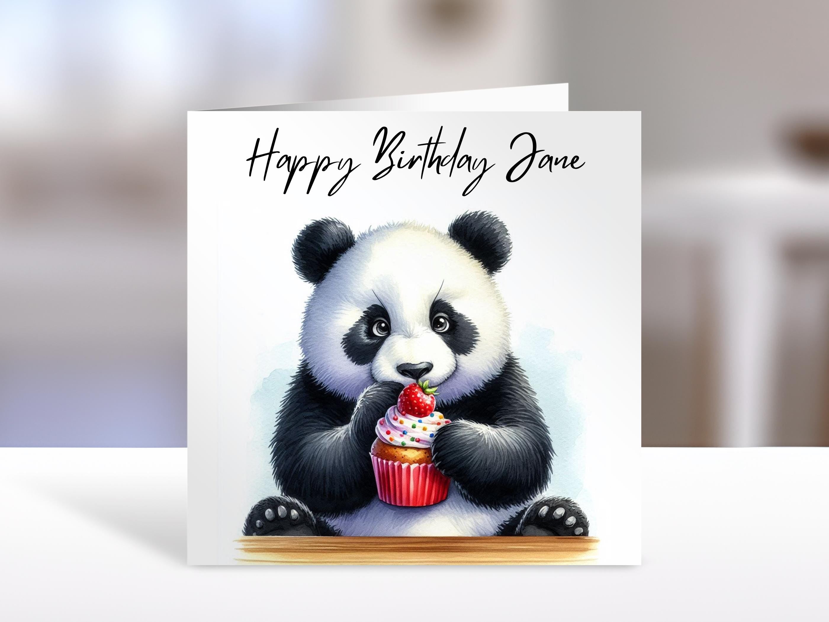 Birthday card , personalised card, panda and cupcake