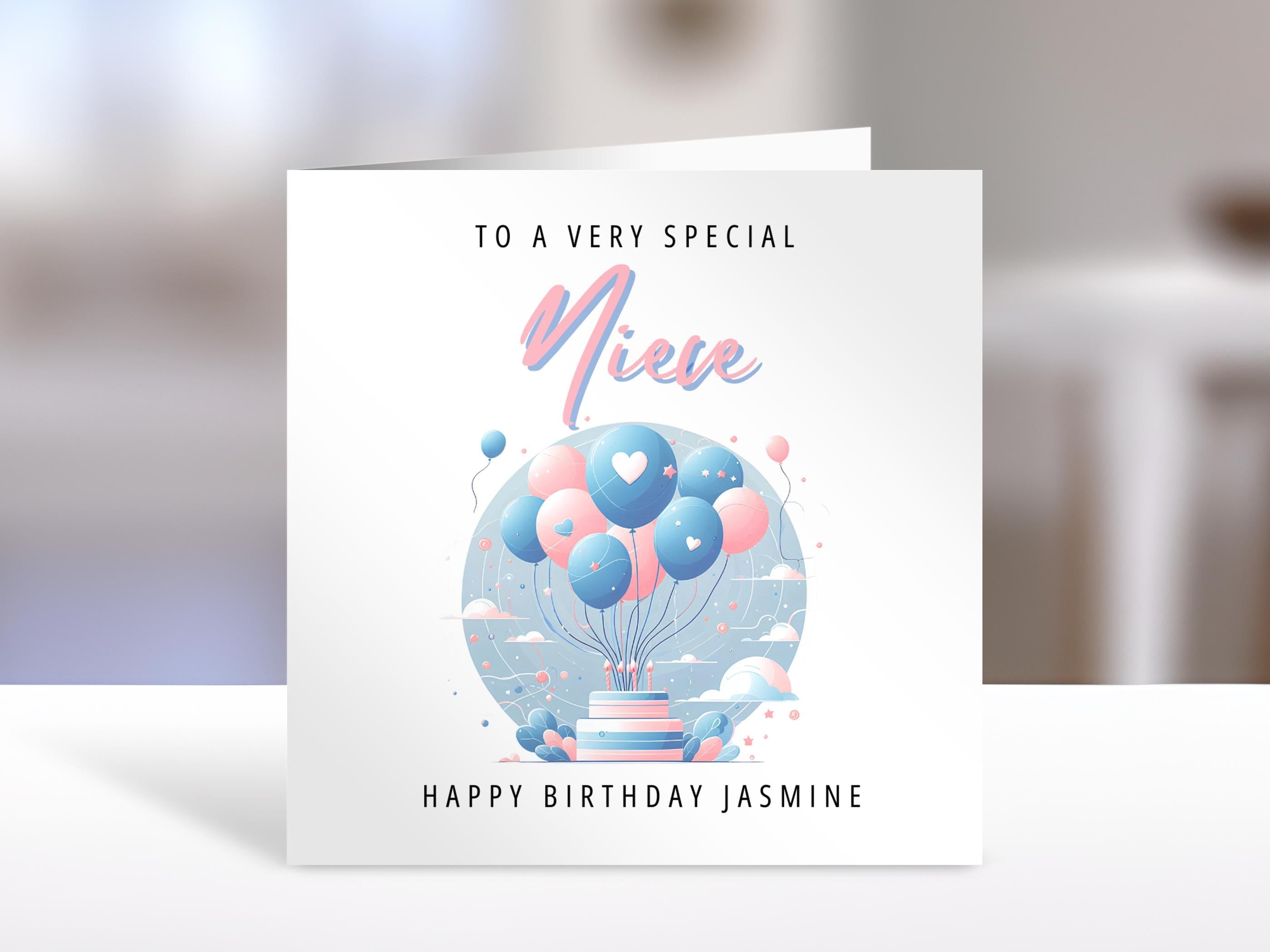 Personalised Niece birthday card, balloons and cake