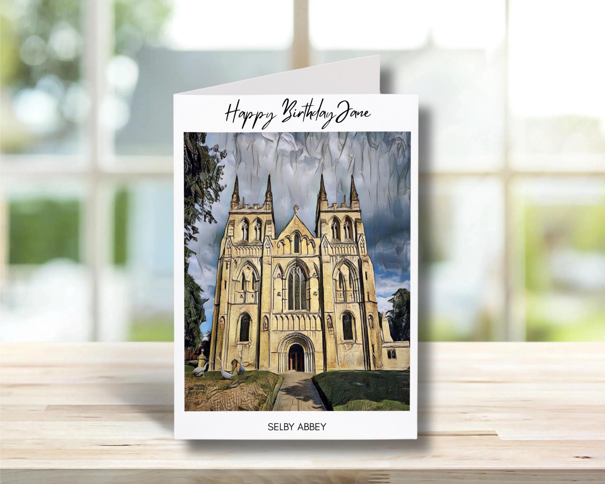 Selby Abbey Birthday Card -Traditional, sketch | Cute Greeting Cards | Birthday Gift Idea for friends, town and city cards, Selby