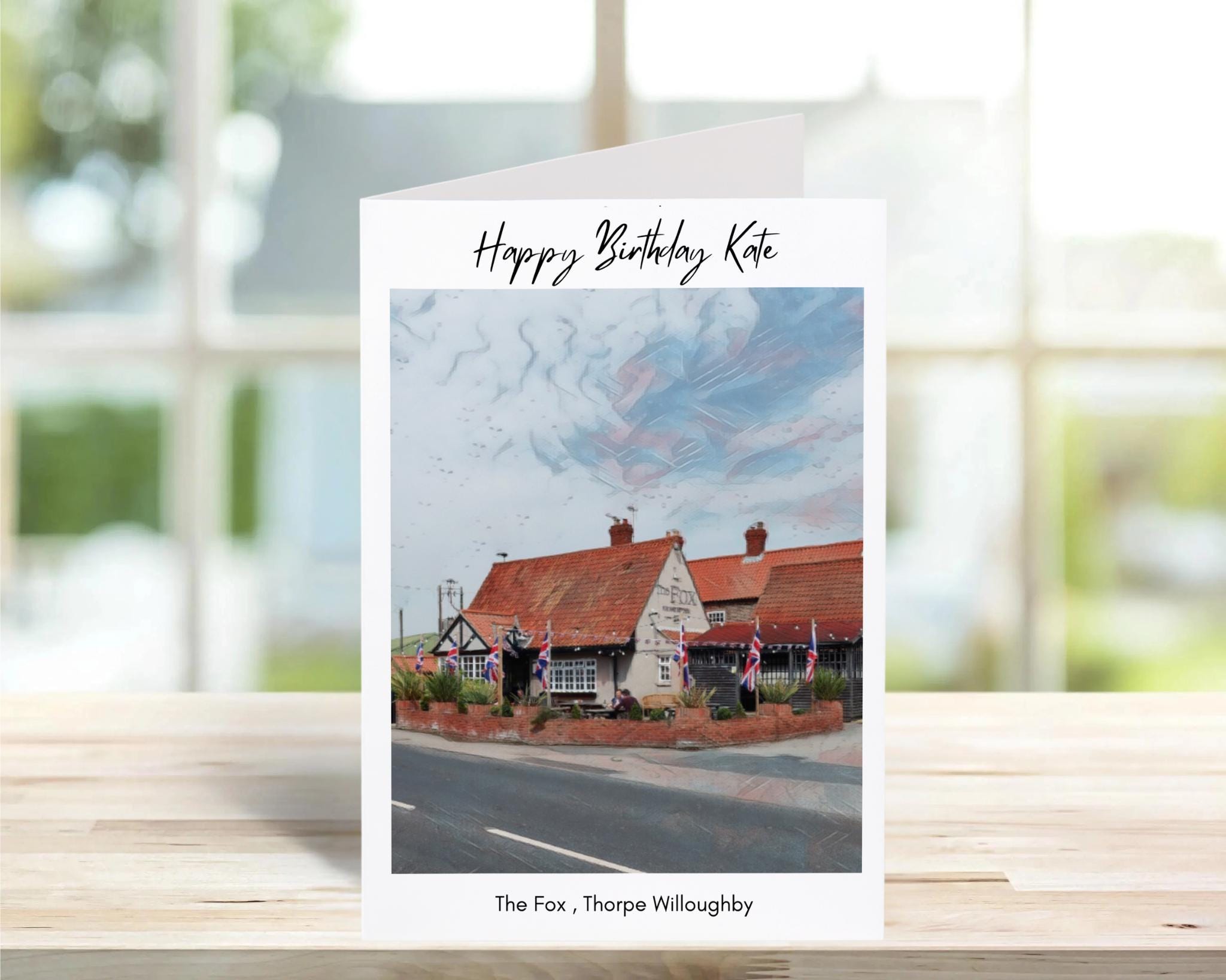 The Fox, Thorpe Willoughby Birthday Card -Traditional, sketch | Greeting Cards | Birthday Gift Idea for friends, town and city card, Selby
