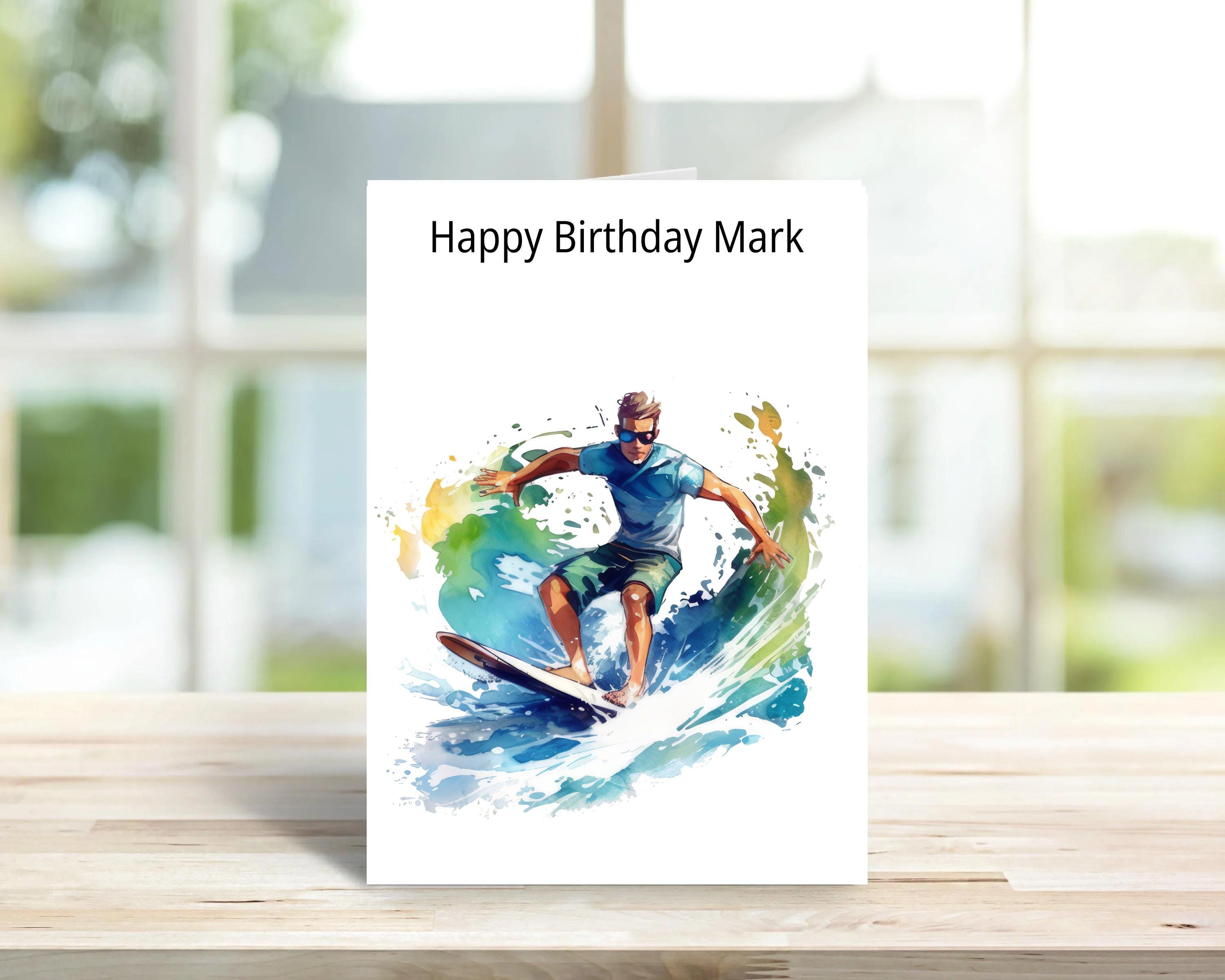 Personalised surfer birthday card, watercolour