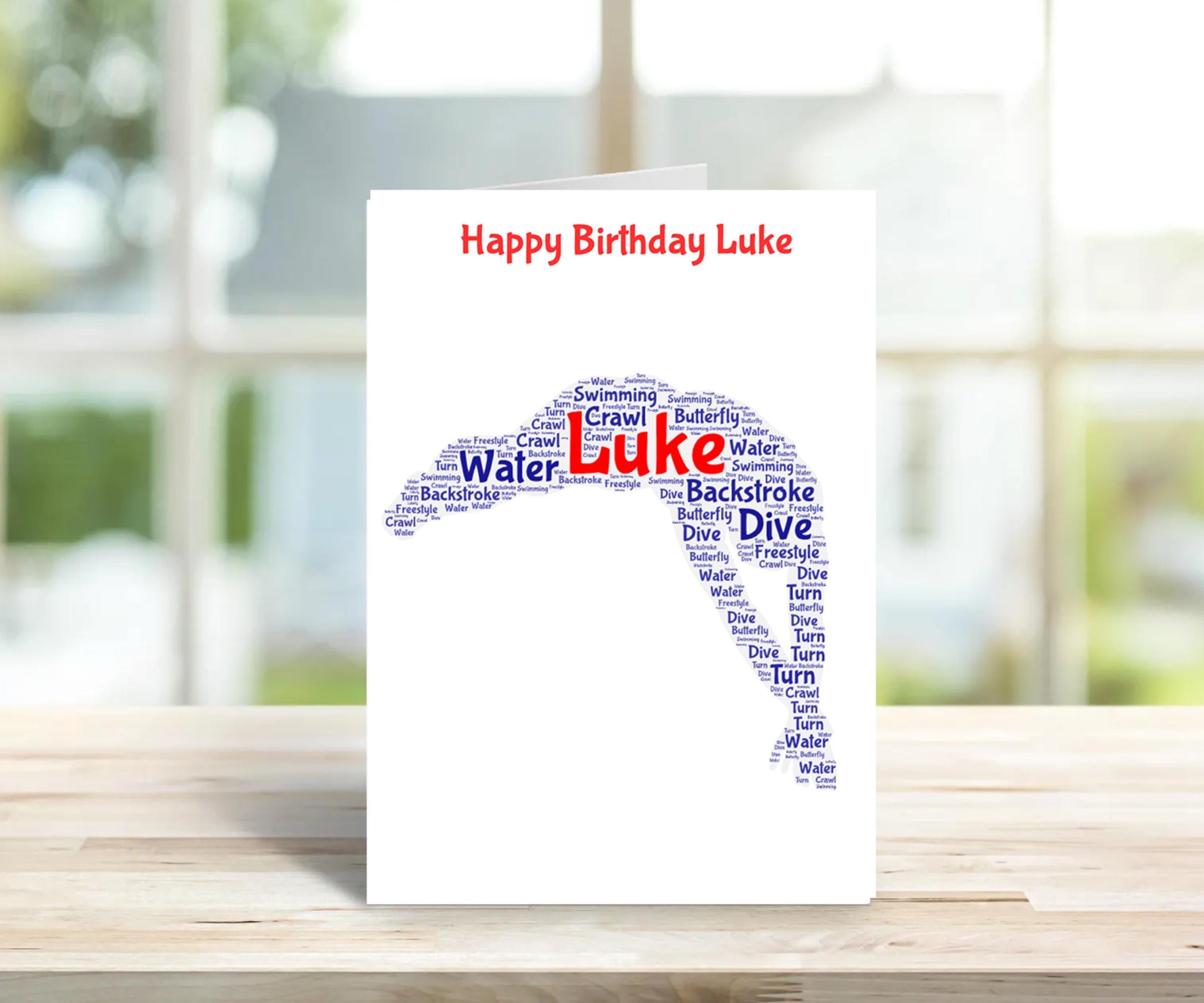 Personalised Swimming birthday card, male version, word art