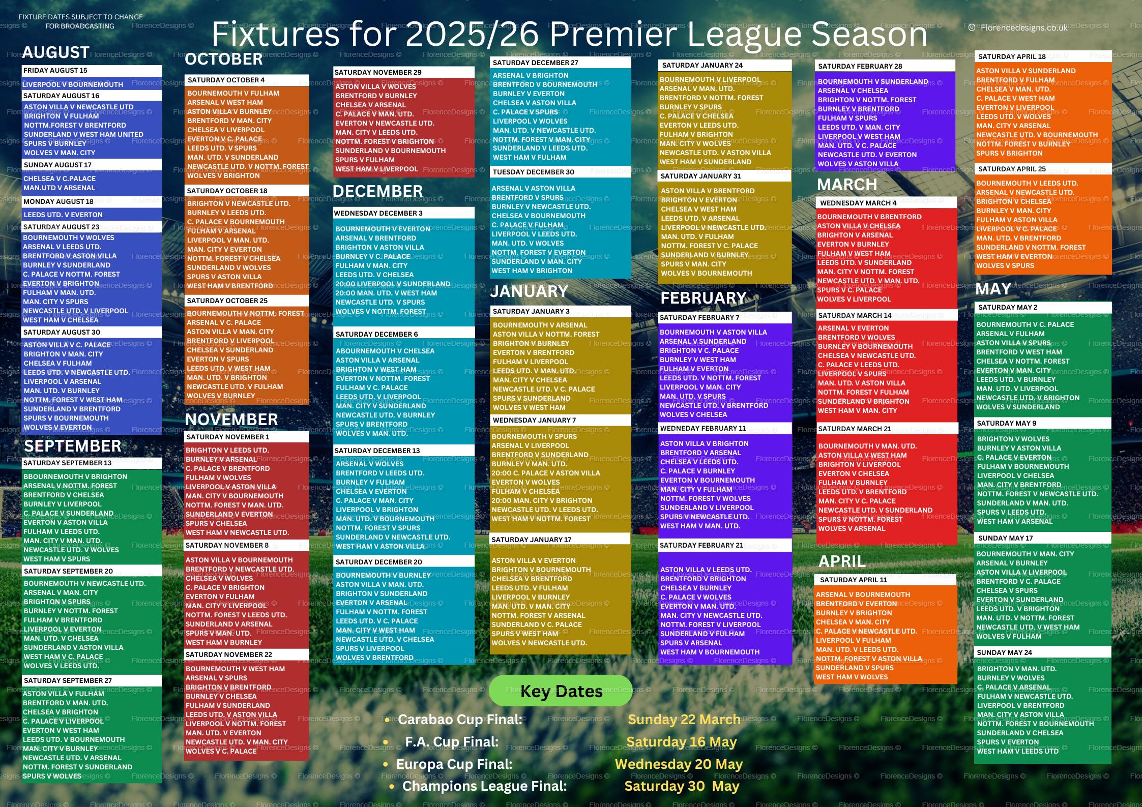 Fixtures wall chart, 2025/26 Premier League football season, A1, A2 or A3 sized