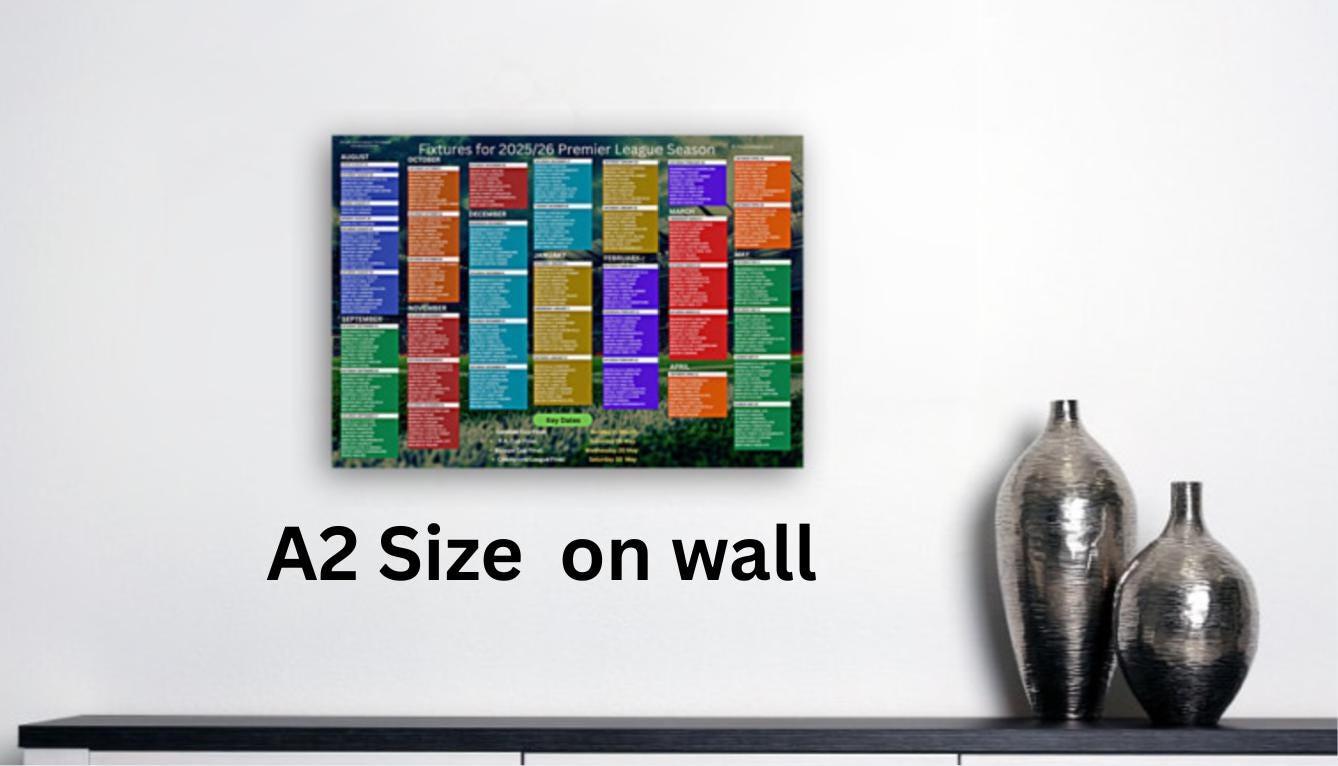 Fixtures wall chart, 2025/26 Premier League football season, A1, A2 or A3 sized