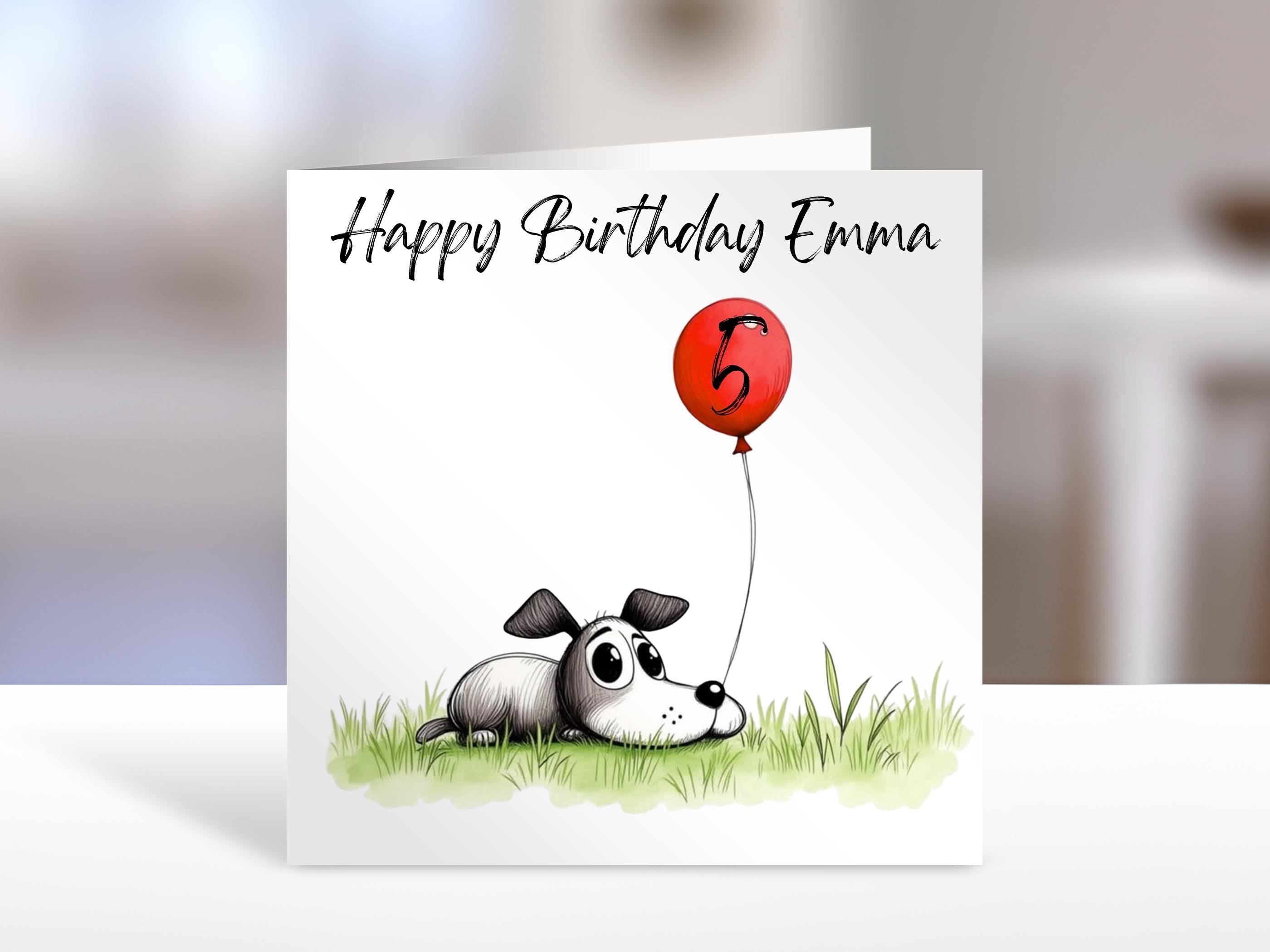 Dog Birthday Card with Balloon Age | Personalised Kids Greeting Card for Any Age Gift