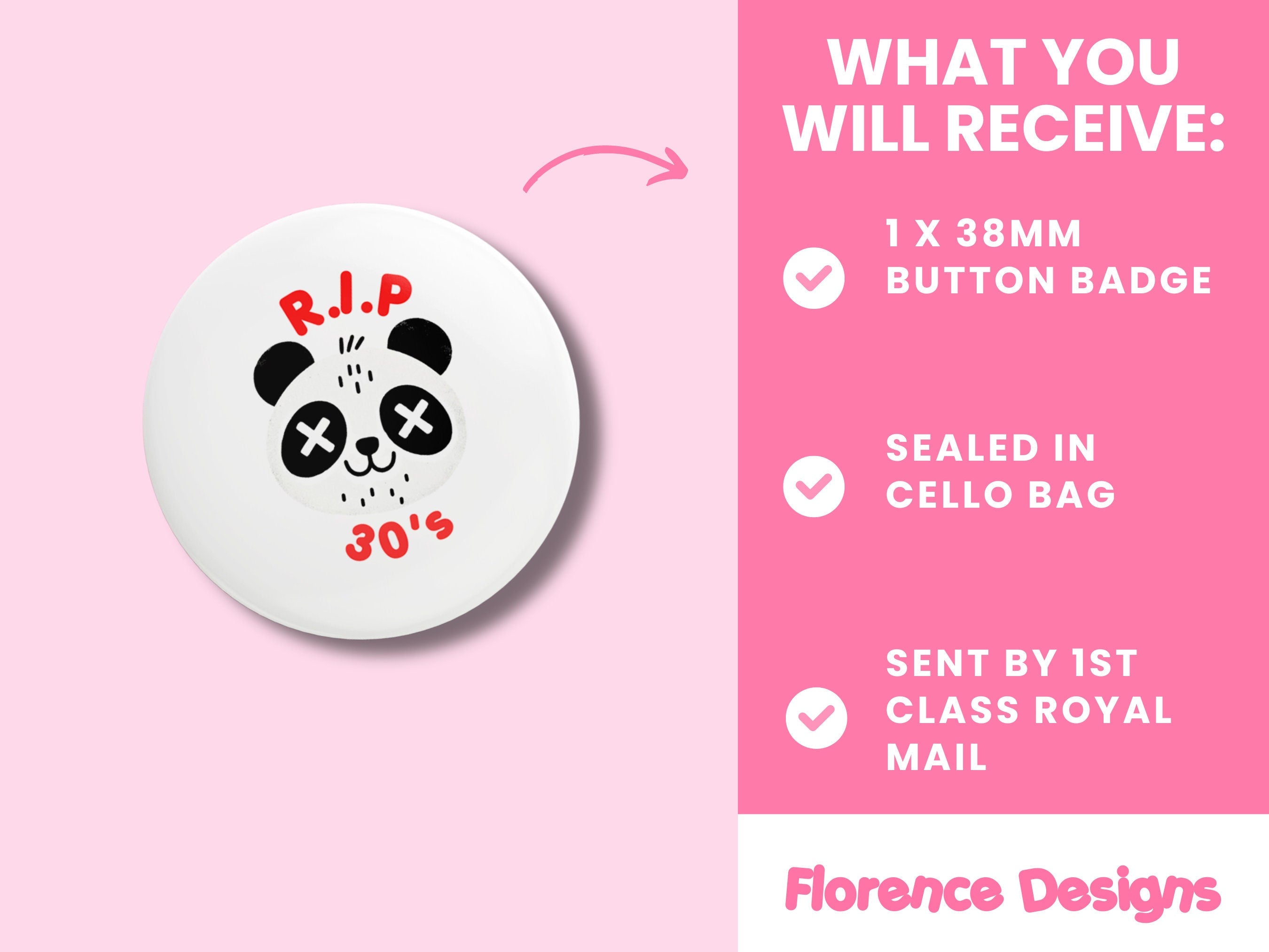 Panda Button badge, RIP 30's, 40th birthday badge 38mm, metal backing