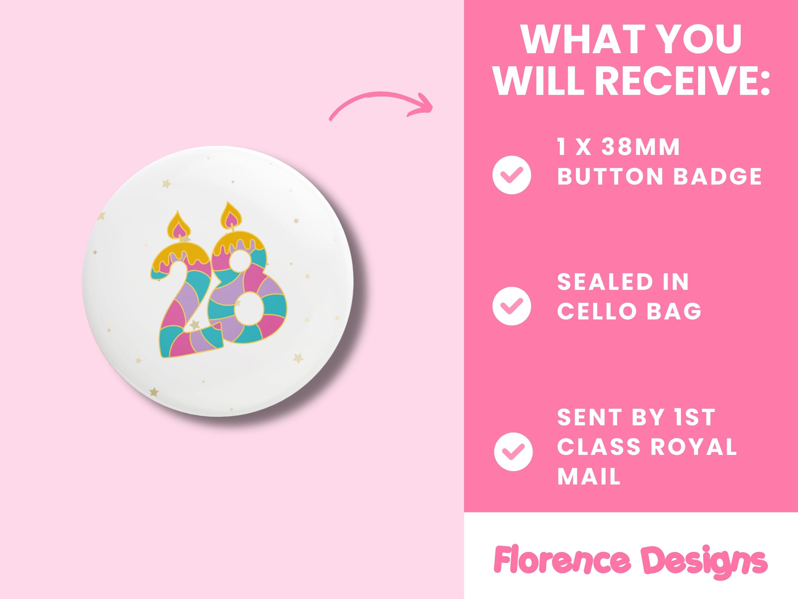 Custom Birthday Button Badge - Personalized Number with Candles and Stars - Fun Celebration Pin