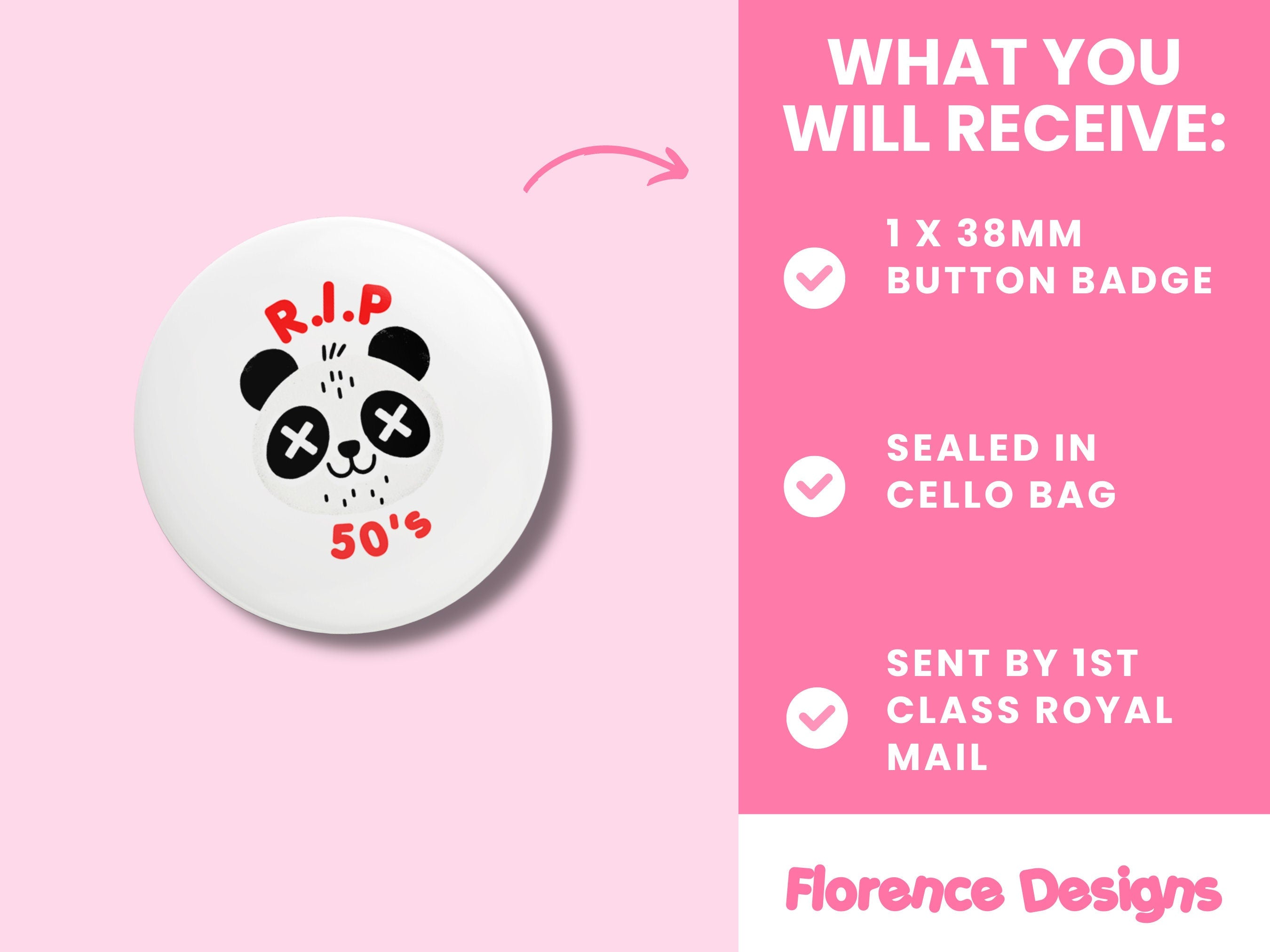 Panda Button badge, RIP 50's, 60th birthday badge 38mm, metal backing