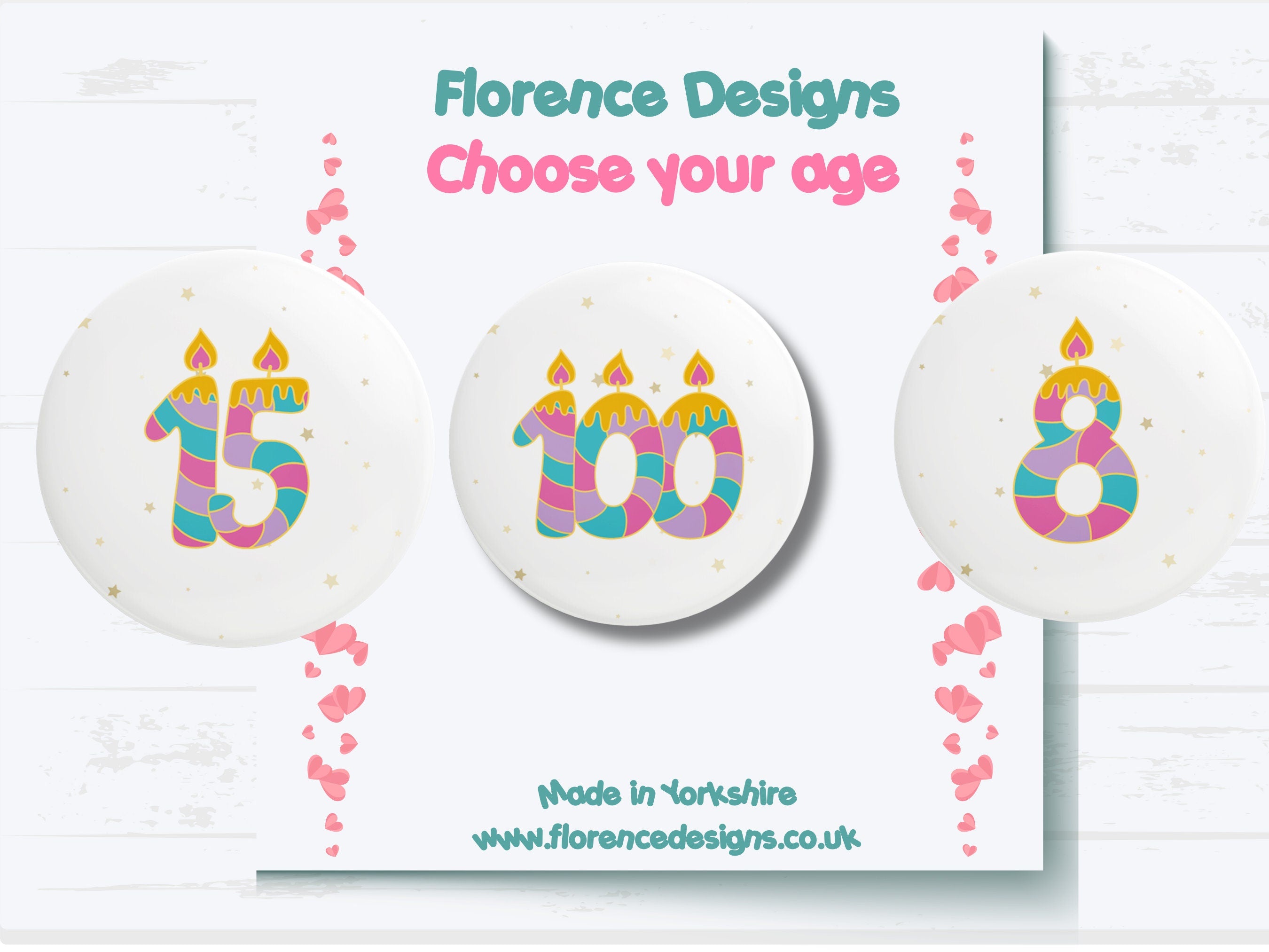 Custom Birthday Button Badge - Personalized Number with Candles and Stars - Fun Celebration Pin