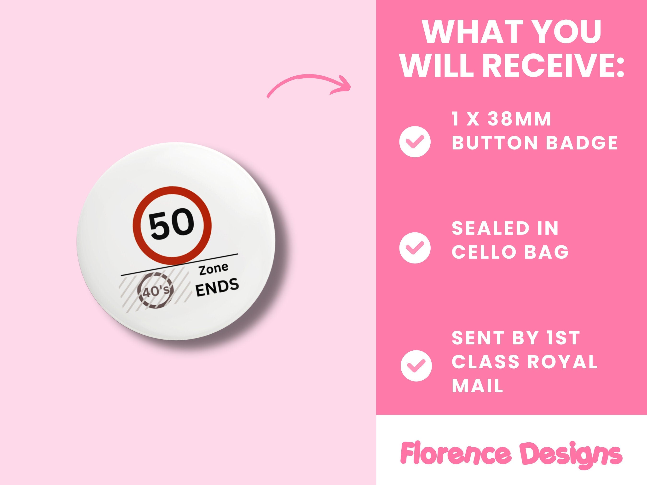 Button Badge - 40s Zone Ends - 50th Birthday Celebration Pin - Fun Milestone Badge