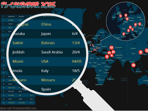 Formula 1 Racing Calendar, F1 Schedule Poster 2025 Season - A1 size - Formula 1 Racing Calendar