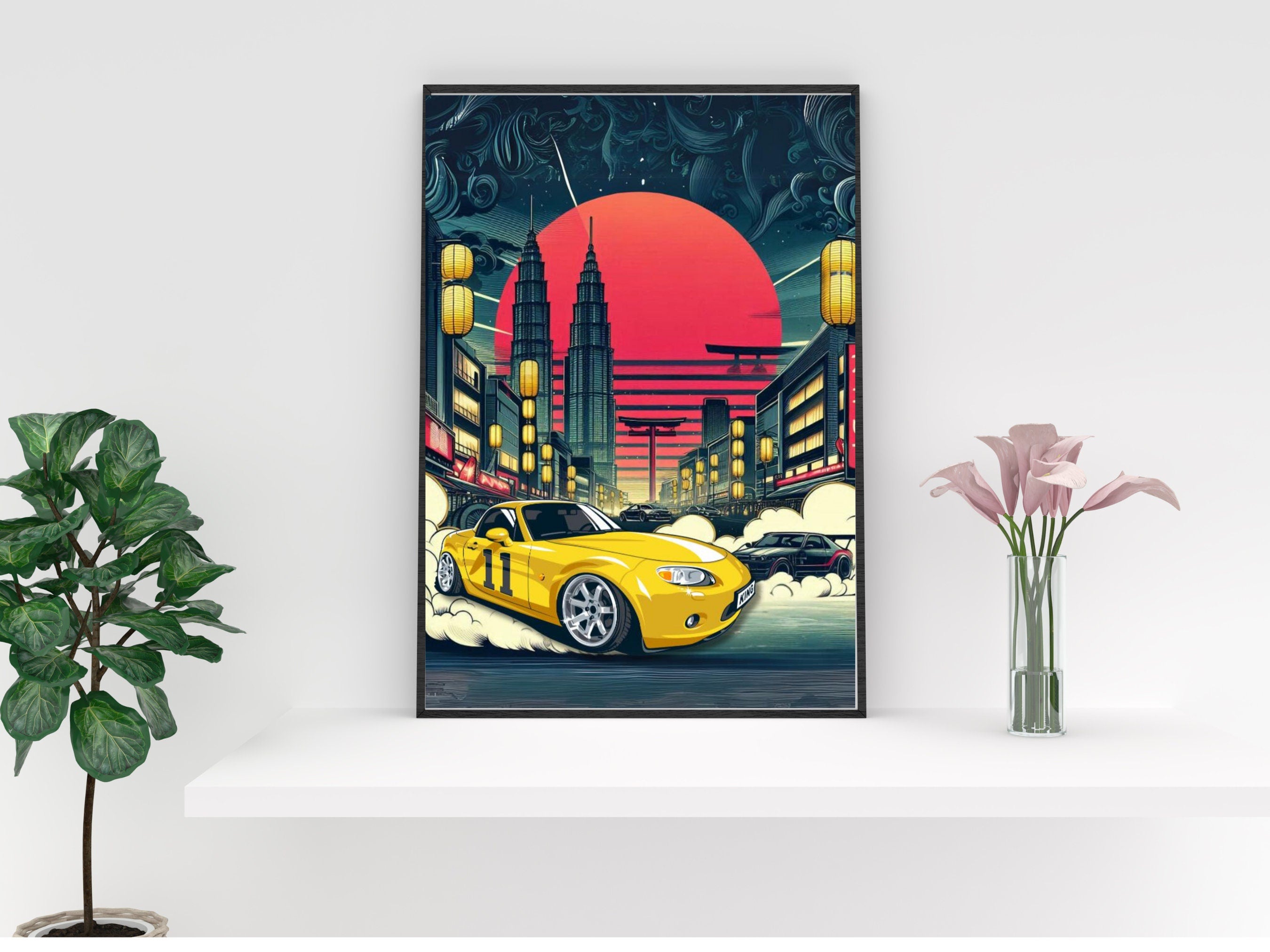 Yellow Sports Car Art Print | Drifting Illustration | Japanese Street Scene Decor | Retro Car Poster