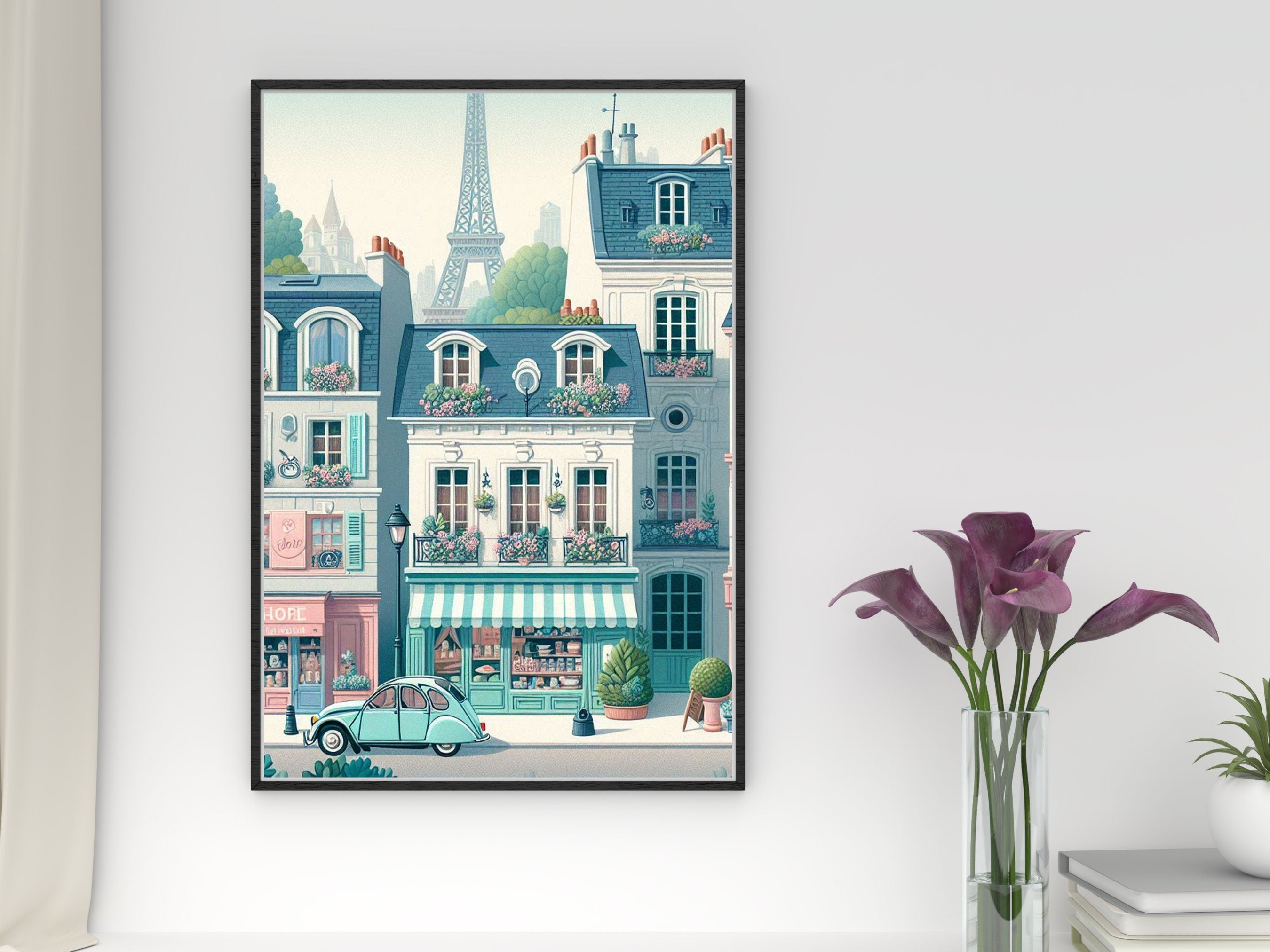 Parisian Street Scene Wall Art Print | Eiffel Tower Illustration | Vintage French Decor