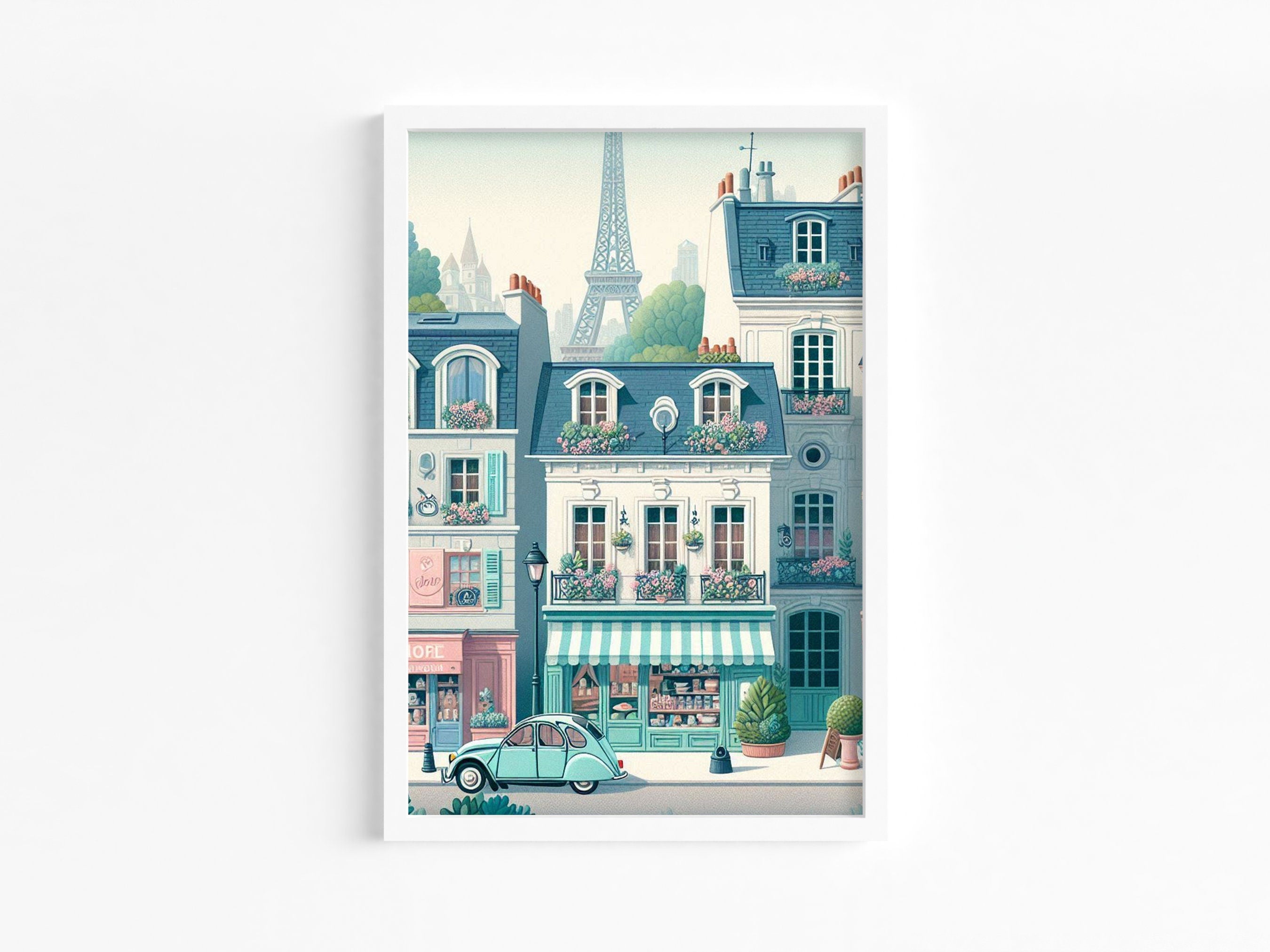 Parisian Street Scene Wall Art Print | Eiffel Tower Illustration | Vintage French Decor