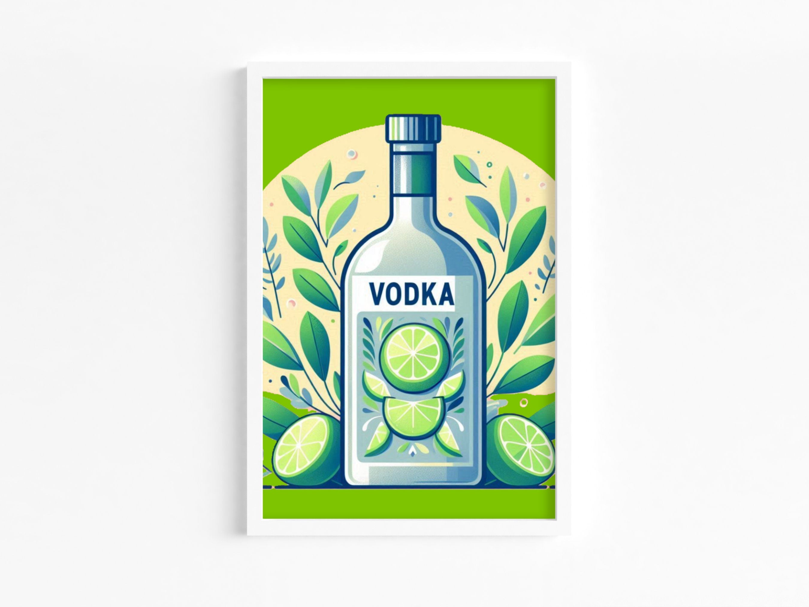 Vodka Bottle and Lime Art Print | Fresh Botanical Liquor Illustration | Modern Kitchen Bar Decor