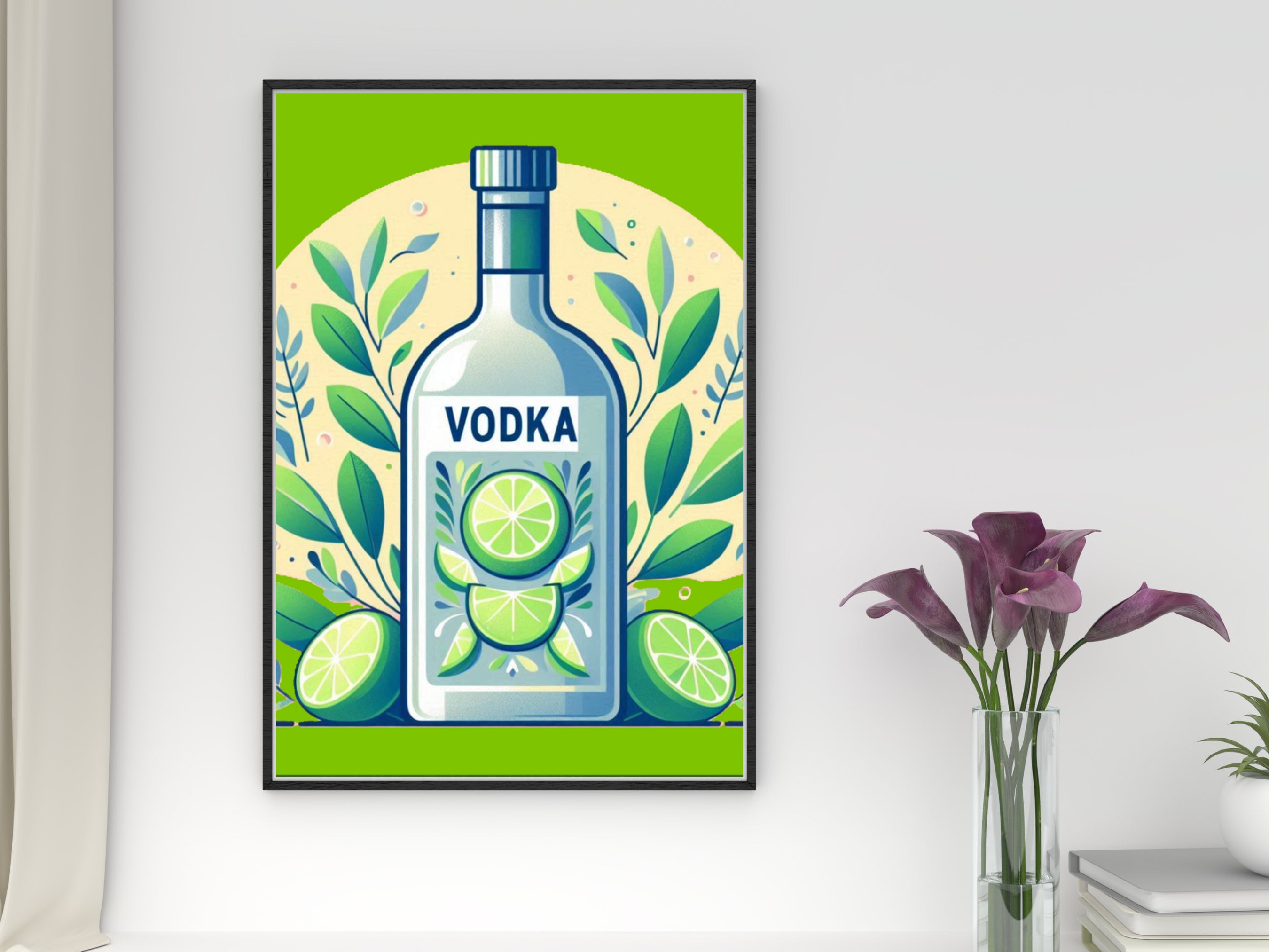 Vodka Bottle and Lime Art Print | Fresh Botanical Liquor Illustration | Modern Kitchen Bar Decor