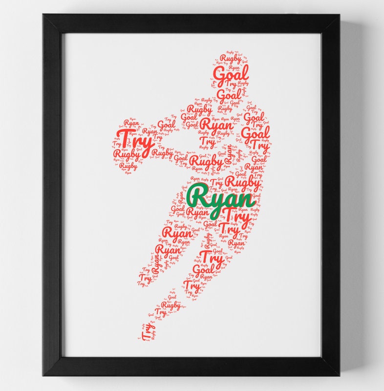 Personalised Rugby Print Word Art - Custom Name & colours - Rugby Lover Gift - Home Decor