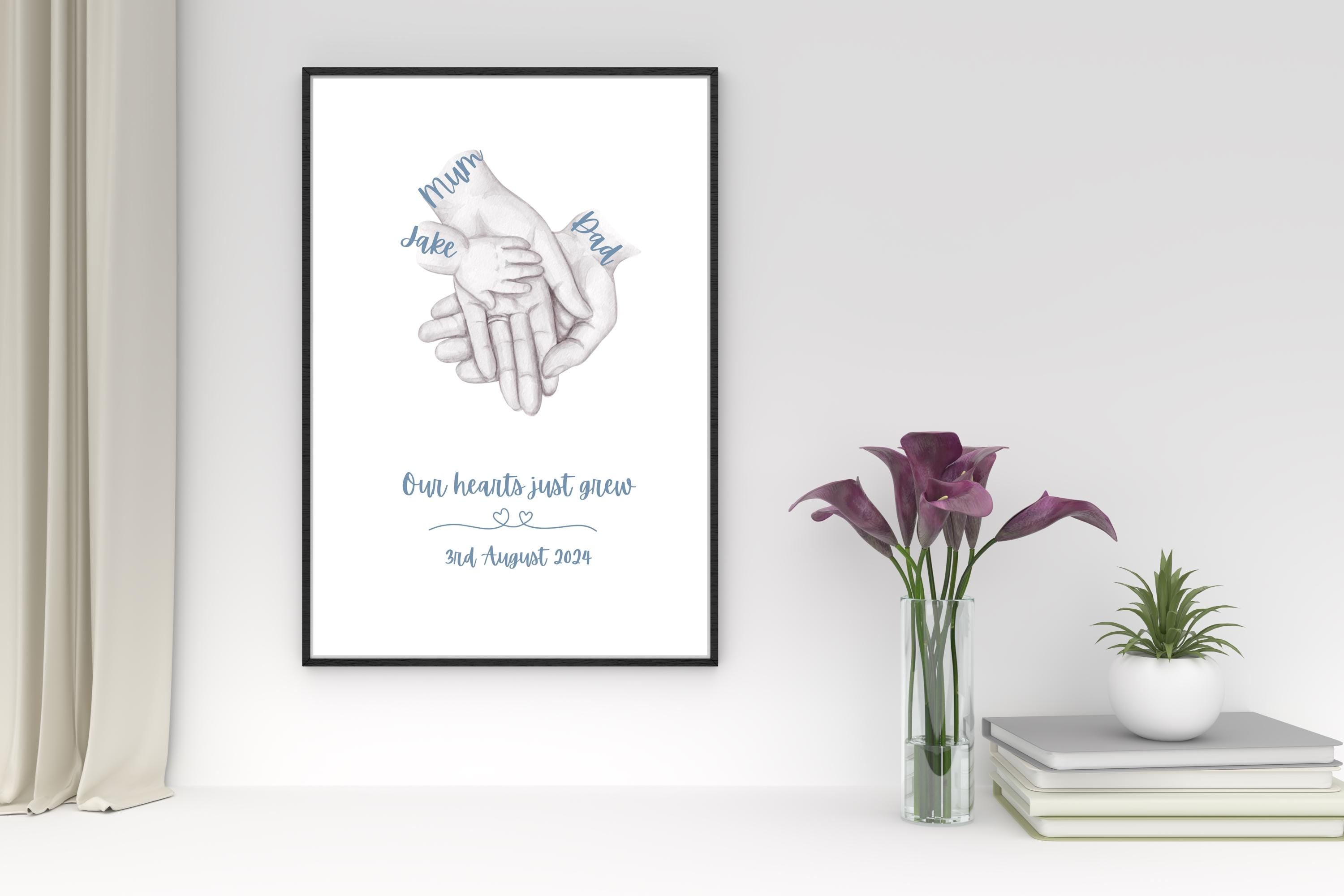 Personalised Family Hands Print - Custom Wall Art - New Baby Gift - Mum, Dad, and Baby Hand Illustration -Family of 3 version