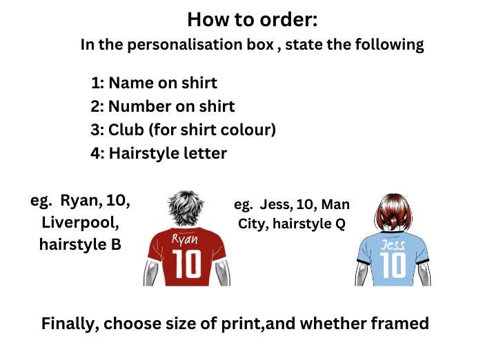 Personalised Wanted Soccer Shirt Print - Custom Name, Number, Shirt Colour & Hairstyle - A3 or A4, Framed/Unframed, male or female