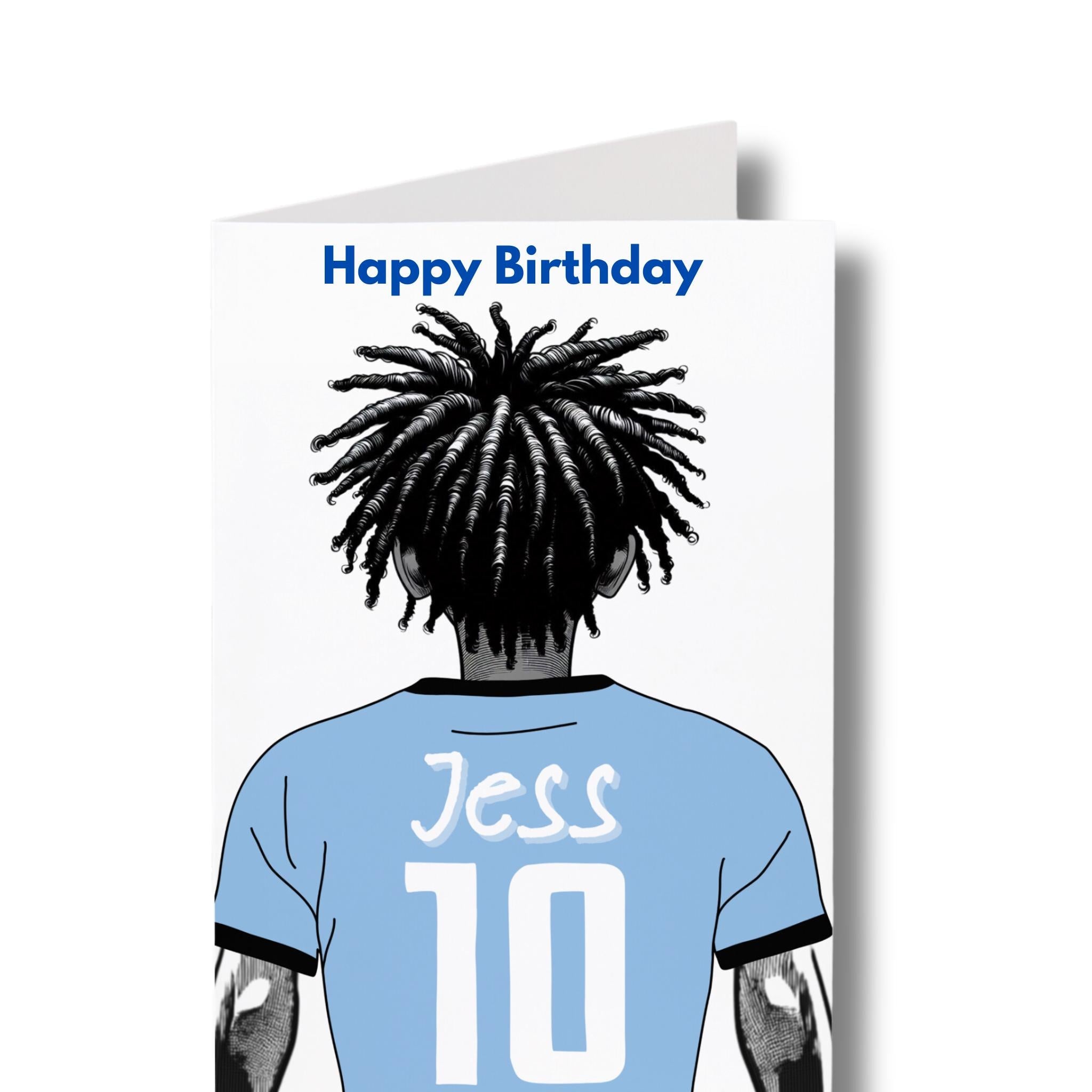 Personalised Birthday card custom soccer shirt, custom name, number, colours and hairstyle