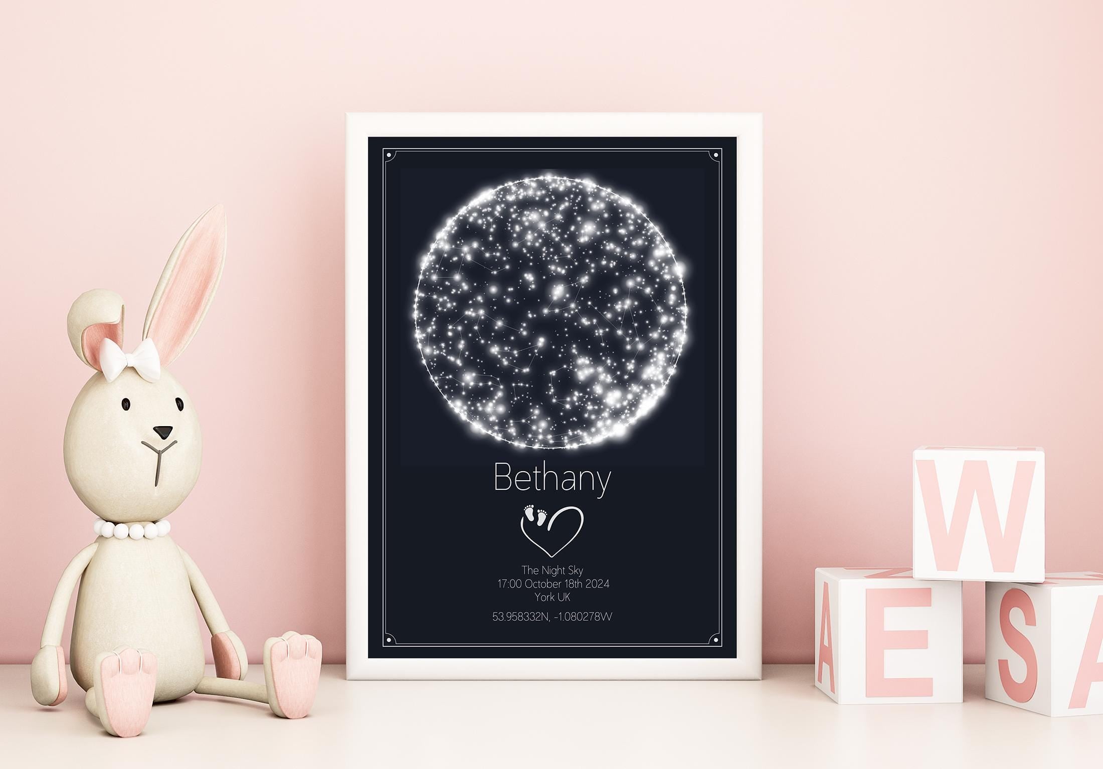 Personalised New Baby Birth Star Map - Custom Night Sky Print with Name, Date, Location & Coordinates - A3/A4