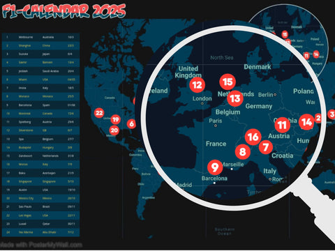 Formula 1 Racing Calendar, F1 Schedule Poster 2025 Season - A1 size - Formula 1 Racing Calendar