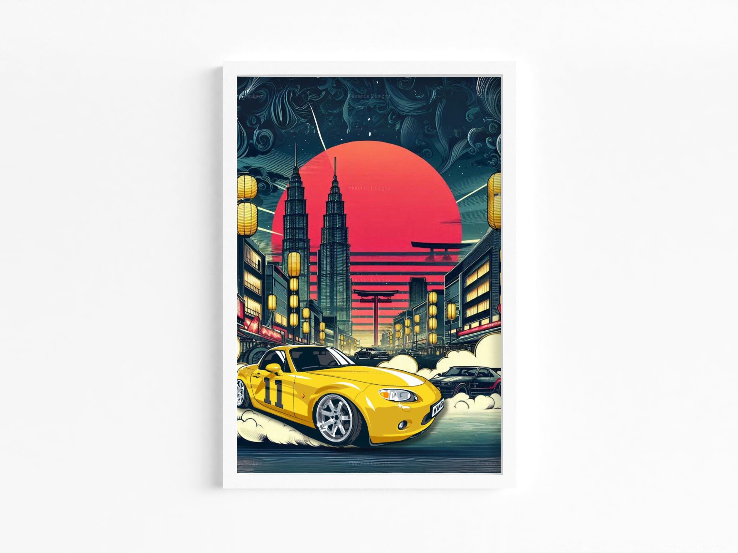 Yellow Sports Car Art Print | Drifting Illustration | Japanese Street Scene Decor | Retro Car Poster