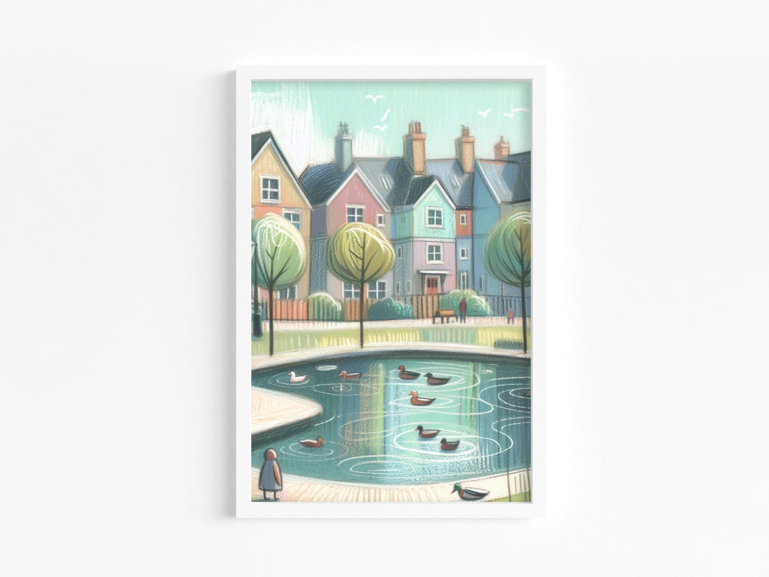 Charming Townhouse Pond Wall Art Print | Pastel Duck Pond Illustration | Tranquil Neighbourhood Decor