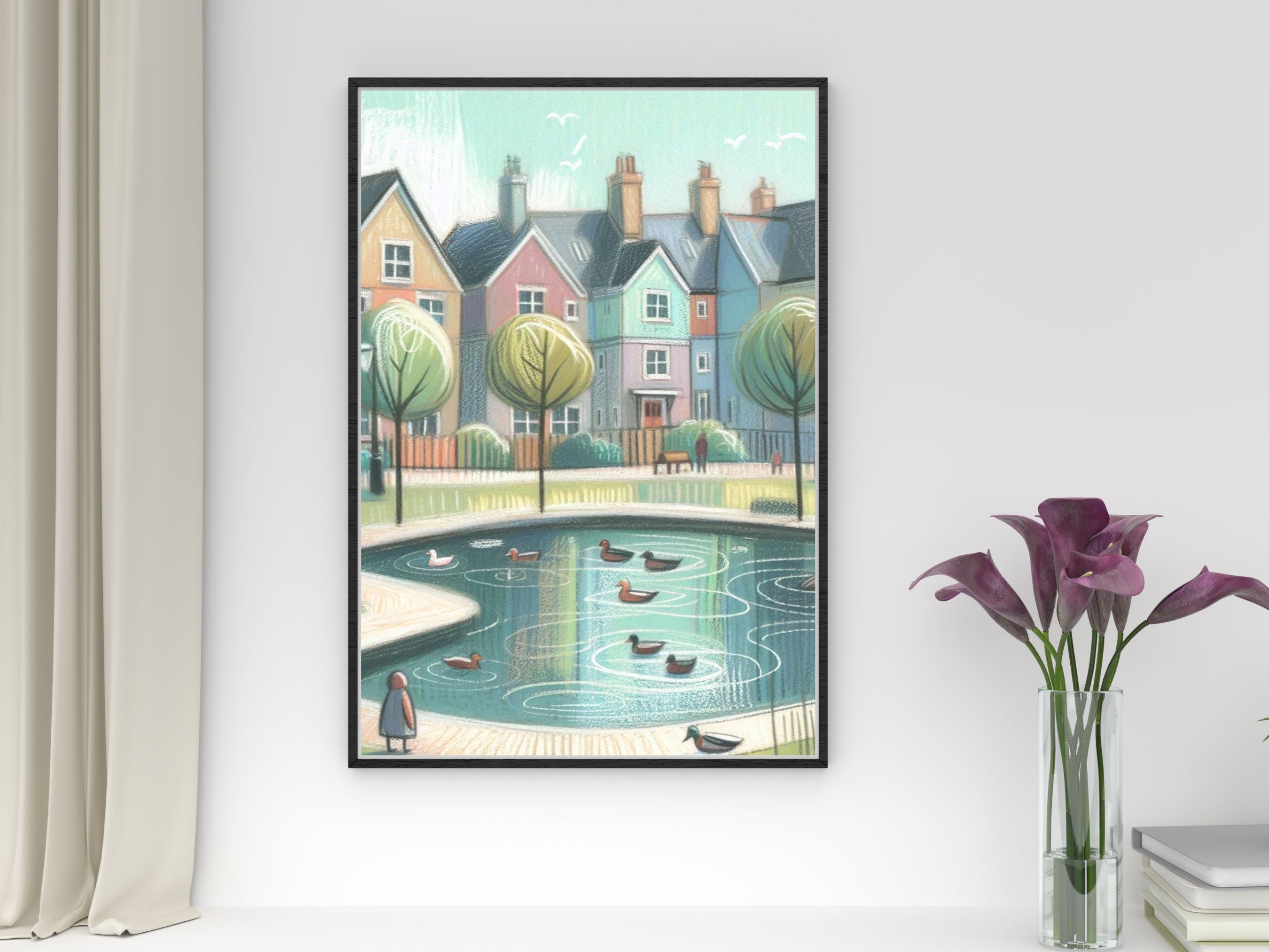 Charming Townhouse Pond Wall Art Print | Pastel Duck Pond Illustration | Tranquil Neighbourhood Decor