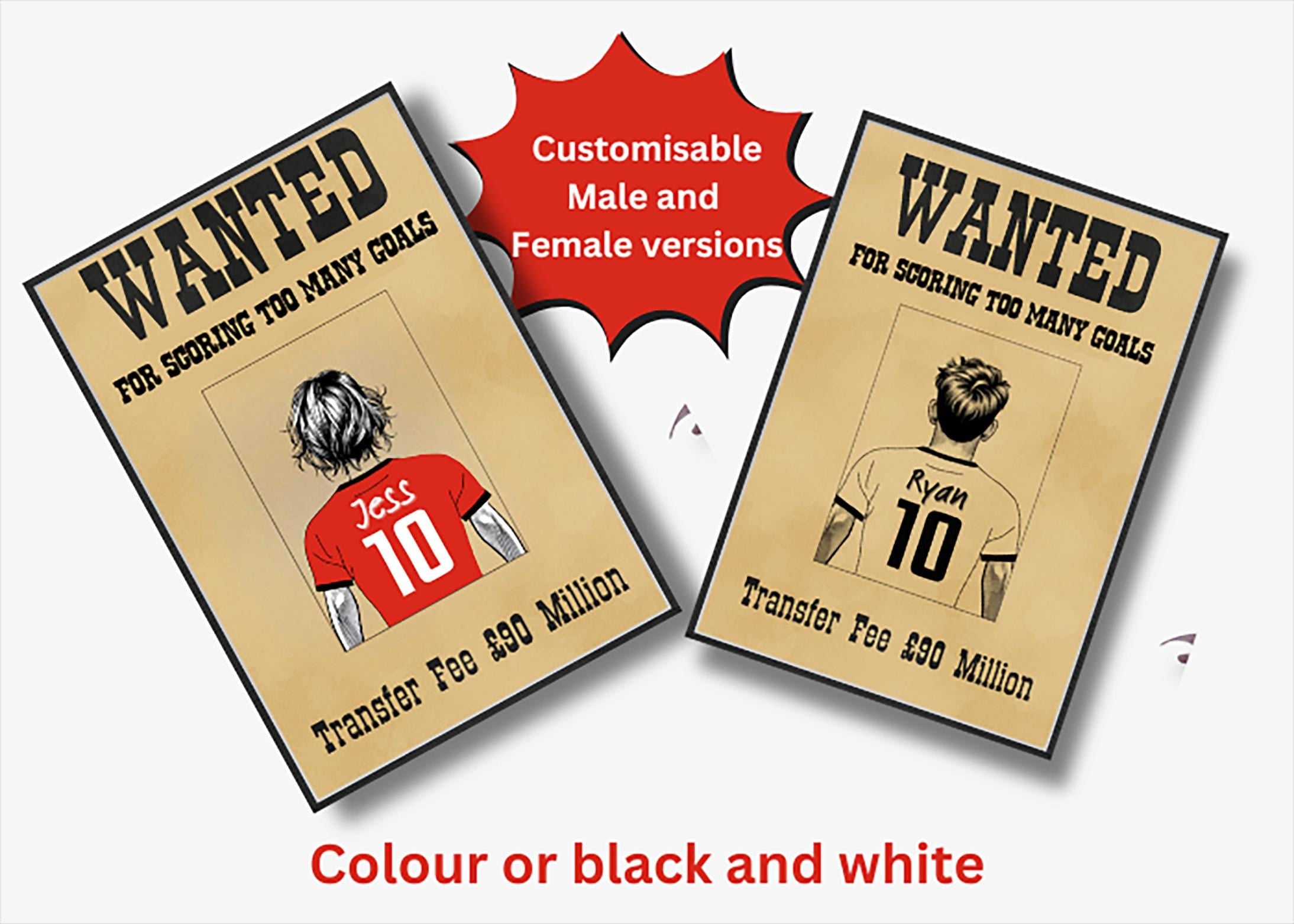 Personalised Wanted Soccer Shirt Print - Custom Name, Number, Shirt Colour & Hairstyle - A3 or A4, Framed/Unframed, male or female