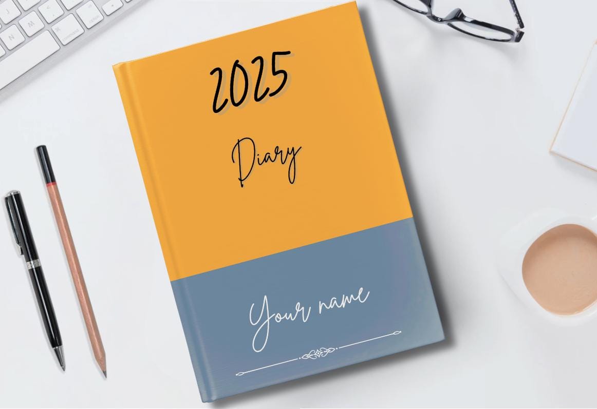 Personalised 2025 Diary - week to view, Hardcover, Two tone, 3 colour choices, A5 Thread-Sewn Journal with 100gsm Paper