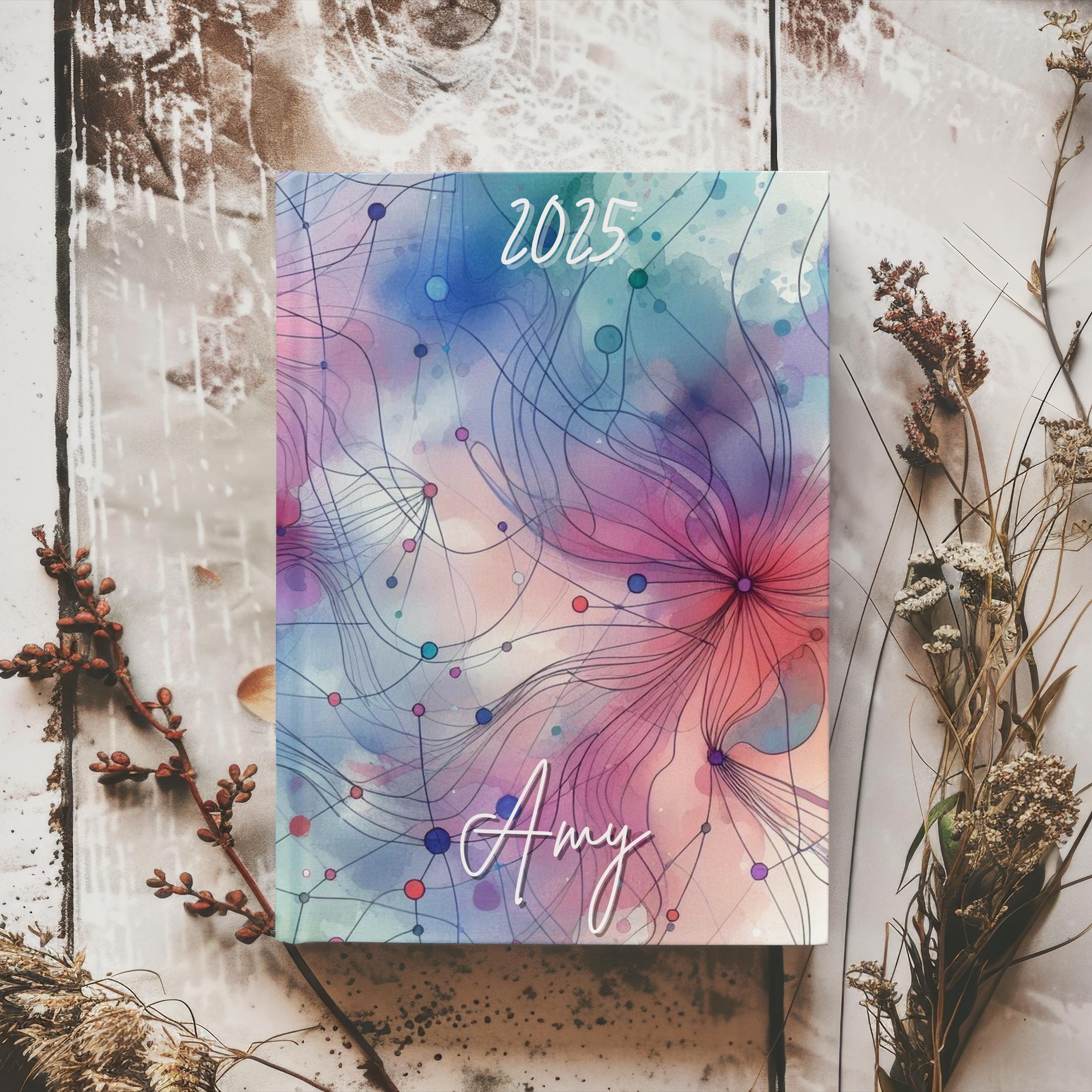 Personalised 2025 Diary - week to view, Hardcover, abstract, 3 colour choices, A5 Thread-Sewn Journal with 100gsm Paper