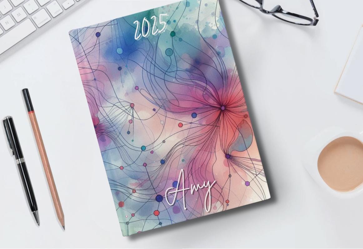 Personalised 2025 Diary - week to view, Hardcover, abstract, 3 colour choices, A5 Thread-Sewn Journal with 100gsm Paper