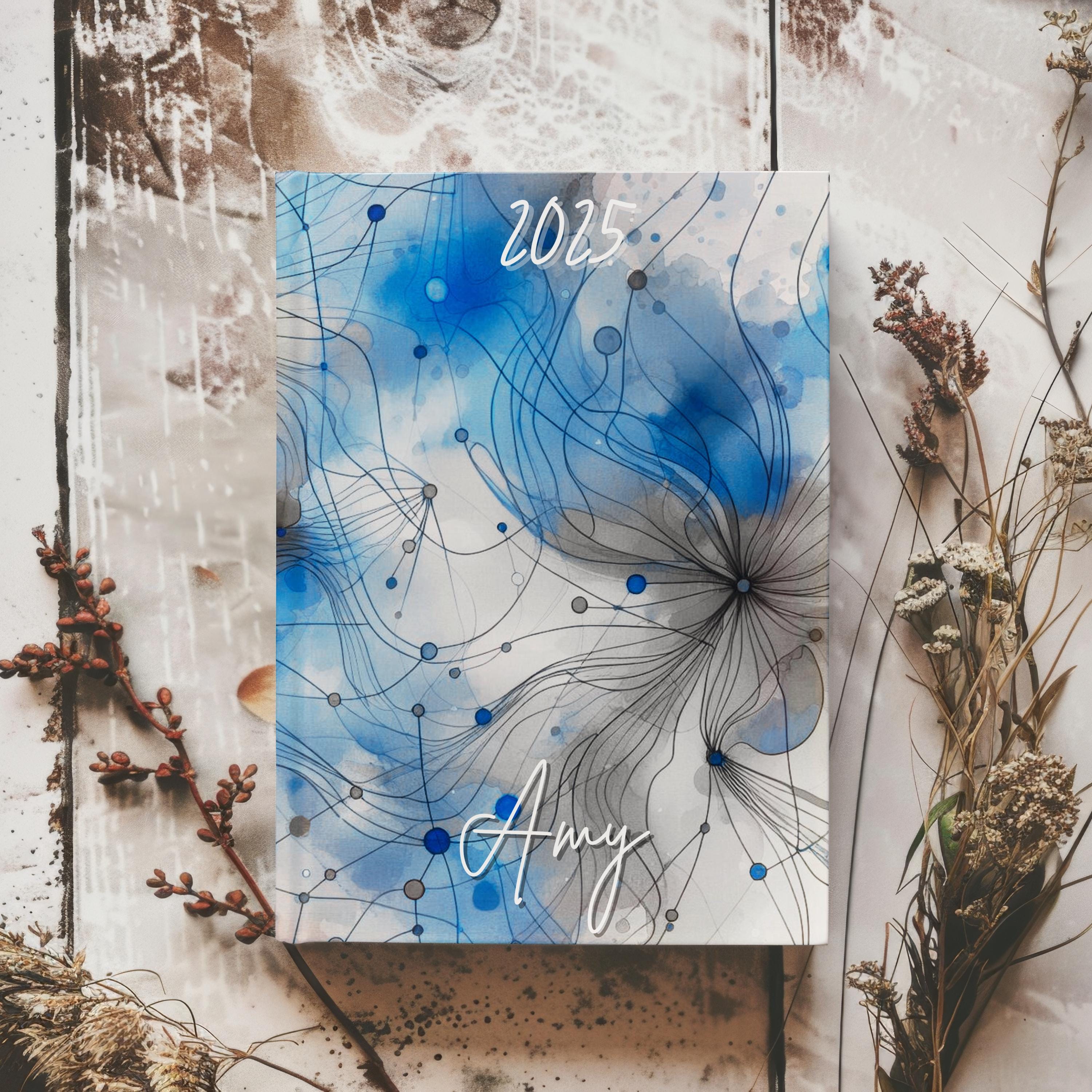 Personalised 2025 Diary - week to view, Hardcover, abstract, 3 colour choices, A5 Thread-Sewn Journal with 100gsm Paper