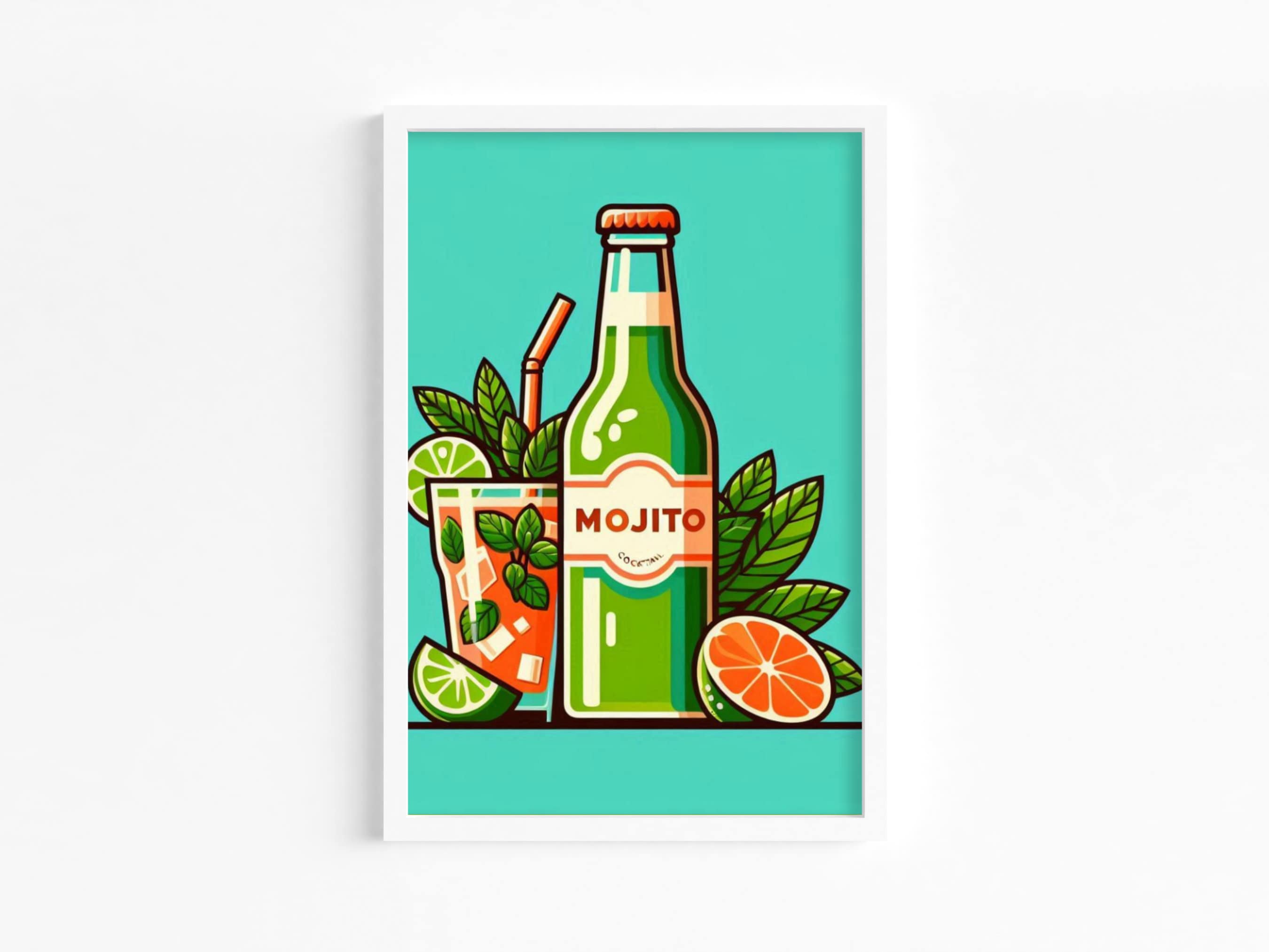 Mojito Bottle and Cocktail wall Art Print - Vibrant Mojito Wall Decor