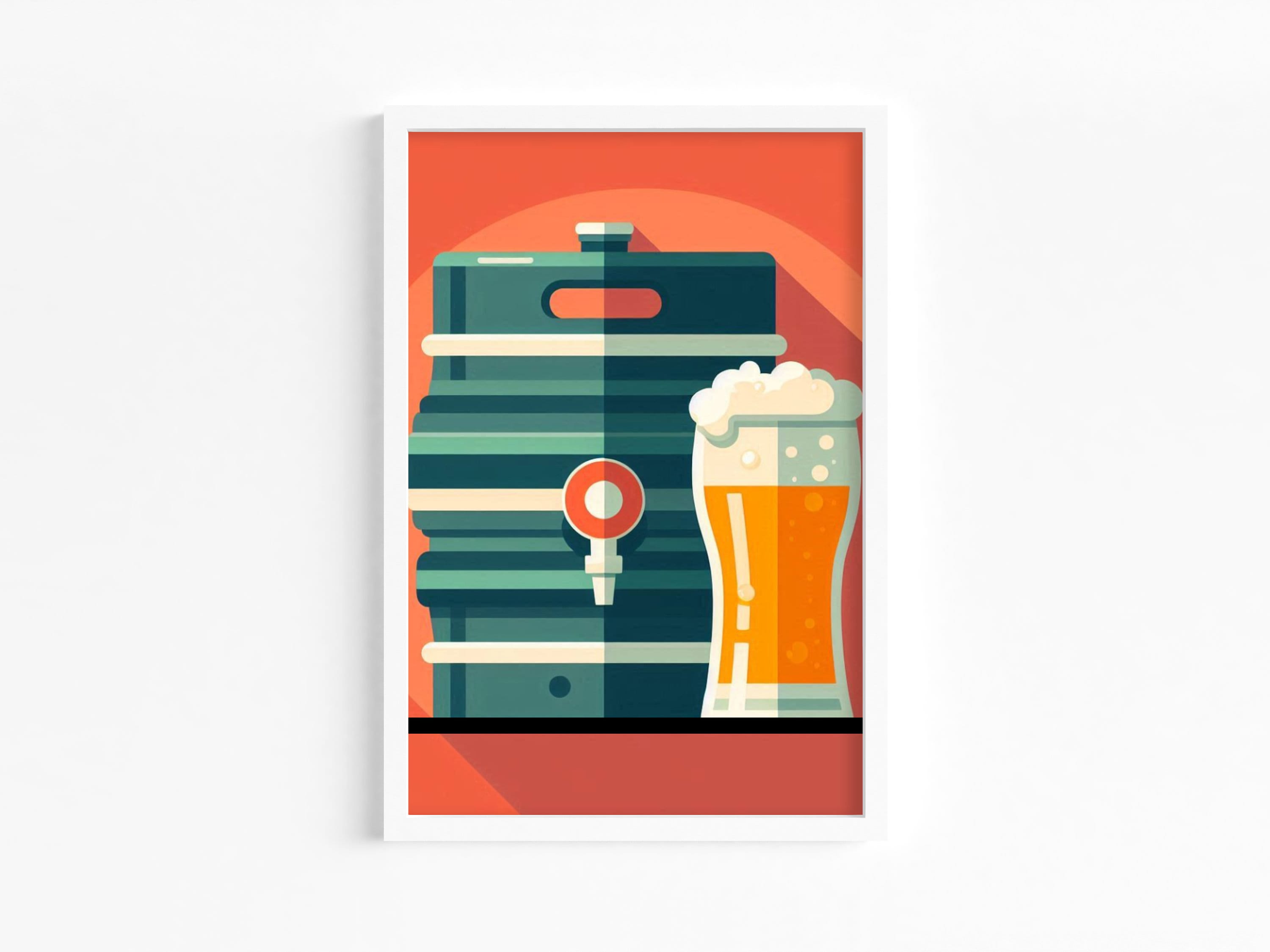 Vintage Beer Keg and Pint Glass Illustration print - Retro Bar Decor