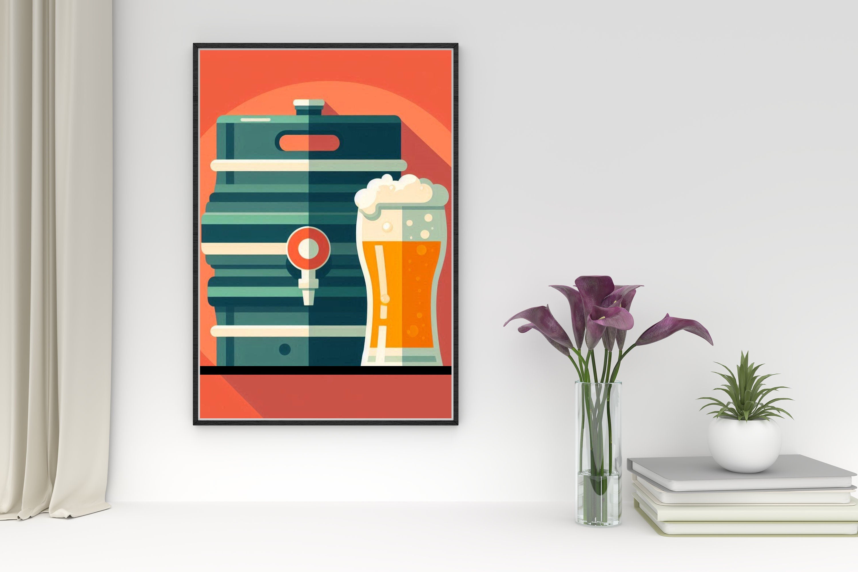 Vintage Beer Keg and Pint Glass Illustration print - Retro Bar Decor