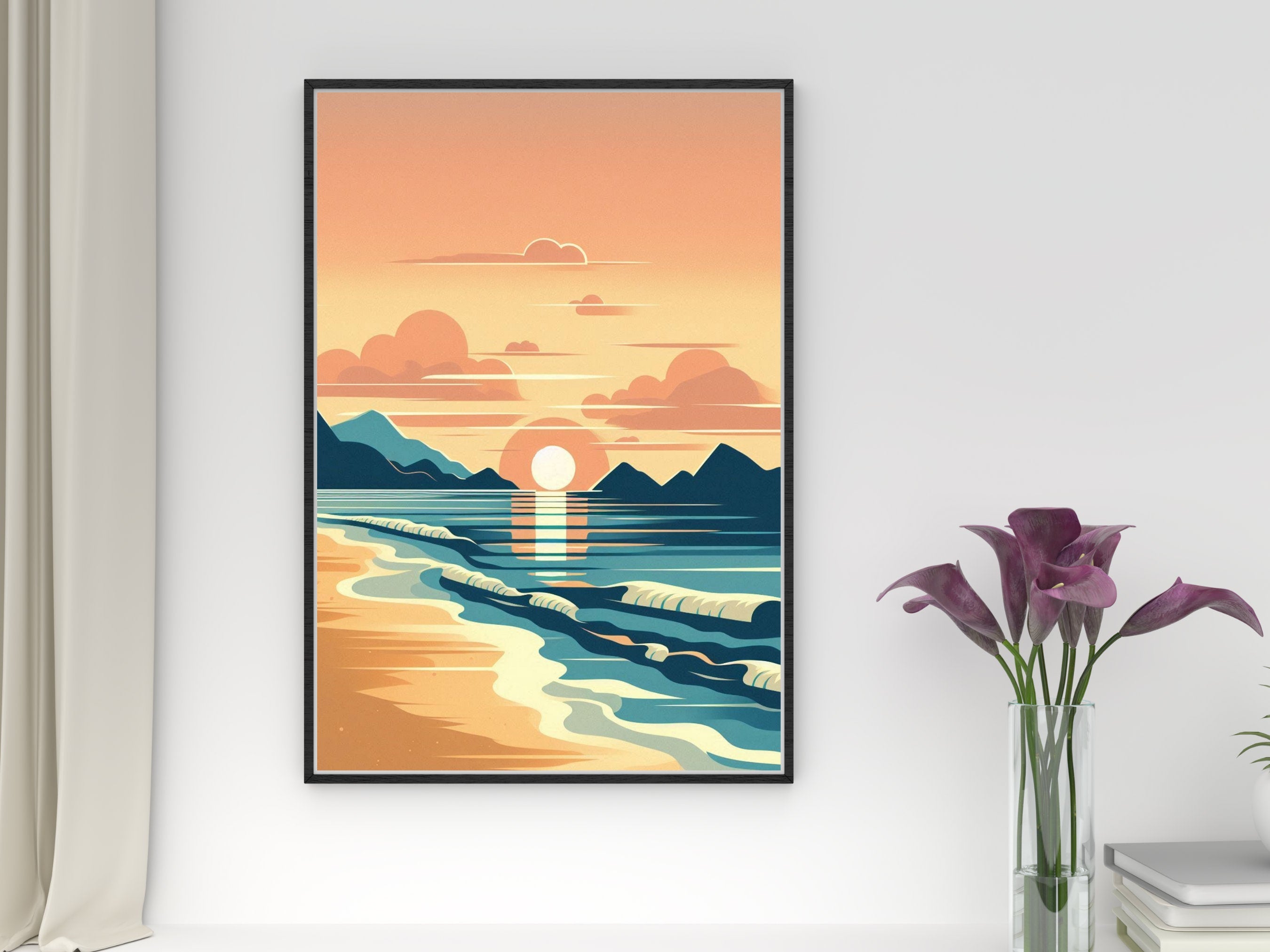 Sunset Beach Digital Wall Art Print - Minimalist Coastal Decor