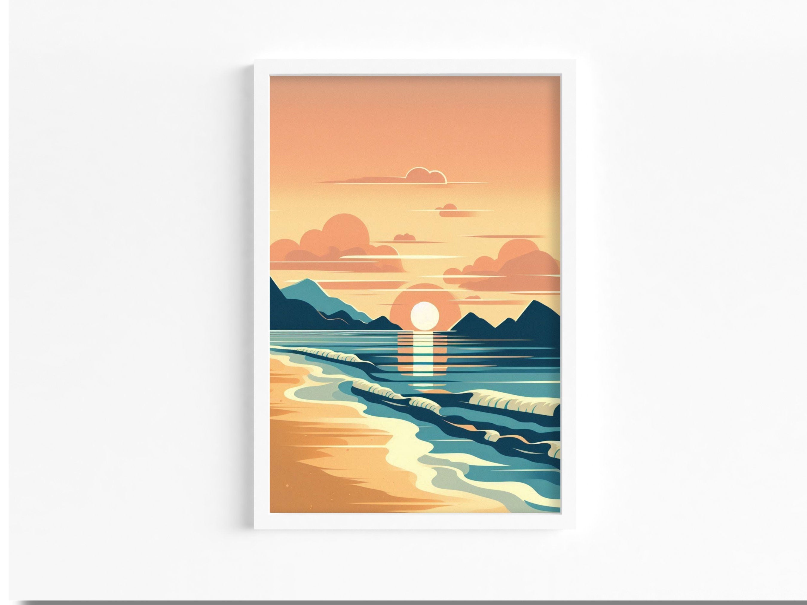 Sunset Beach Digital Wall Art Print - Minimalist Coastal Decor