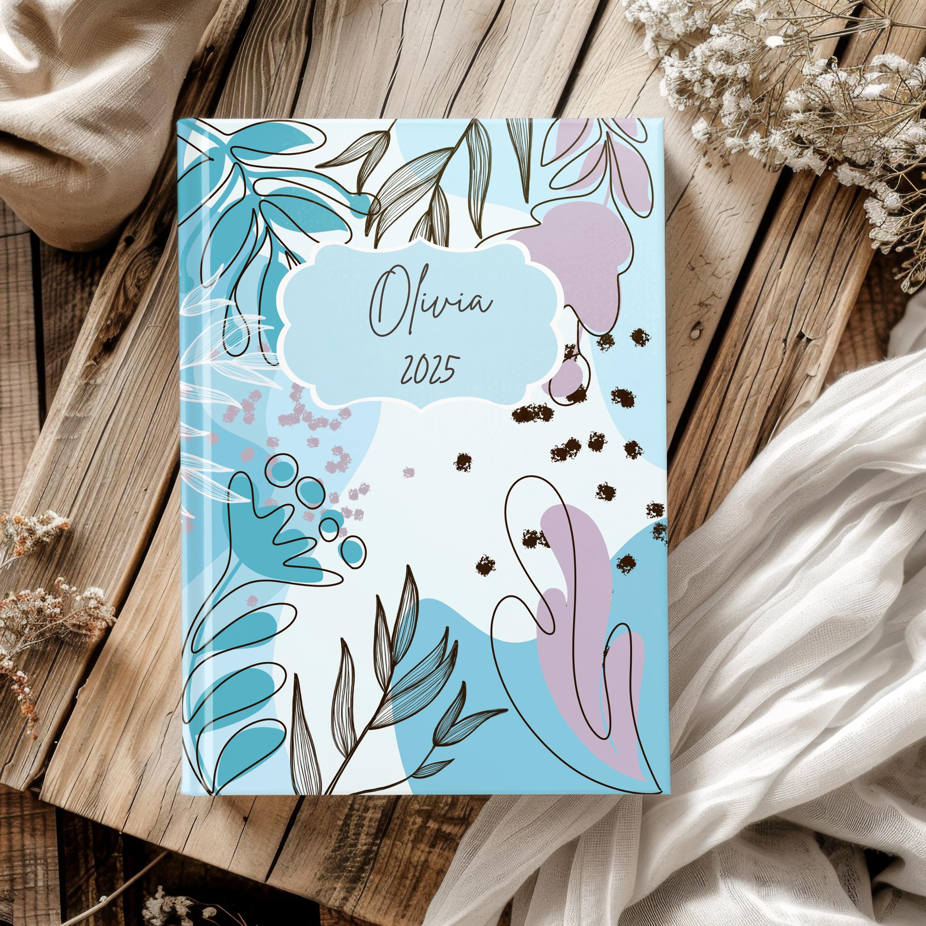 Personalised 2025 Diary - week to view, Hardcover, Abstract floral, 2 colour choices, A5 Thread-Sewn Journal with 100gsm Paper