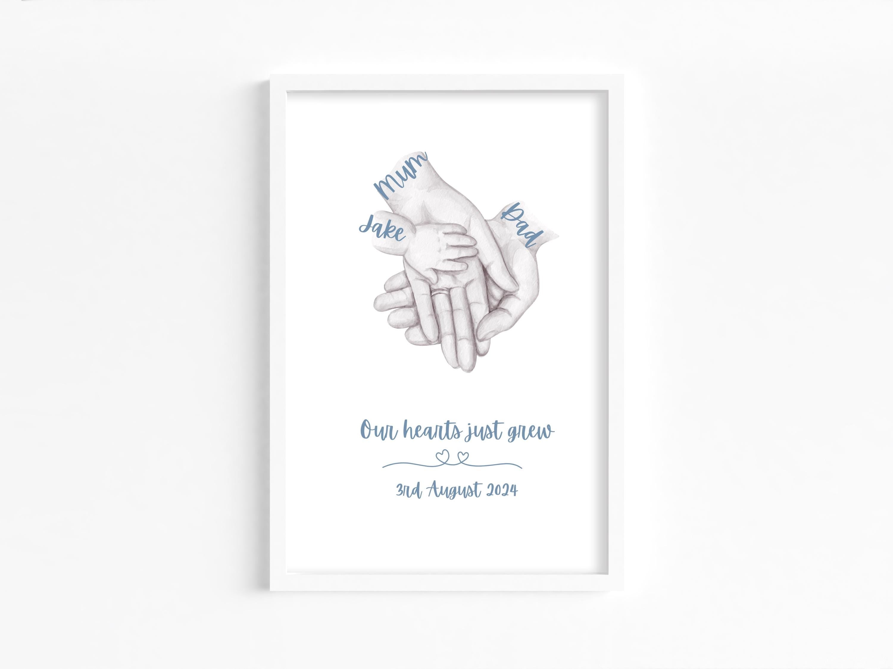 Personalised Family Hands Print - Custom Wall Art - New Baby Gift - Mum, Dad, and Baby Hand Illustration -Family of 3 version