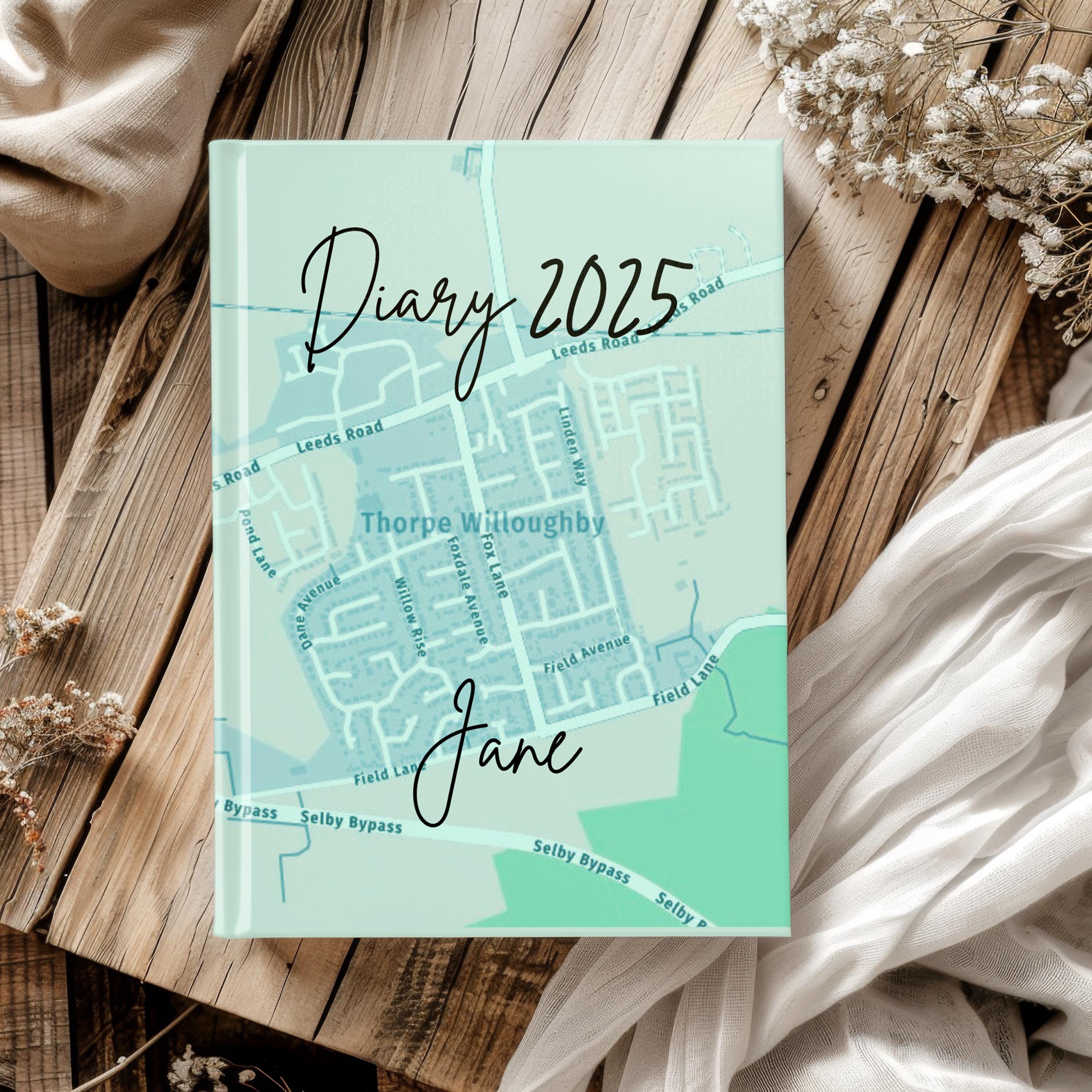 Personalised 2025 Diary, your town aerial map - week to view, Hardcover, A5 Thread-Sewn Journal