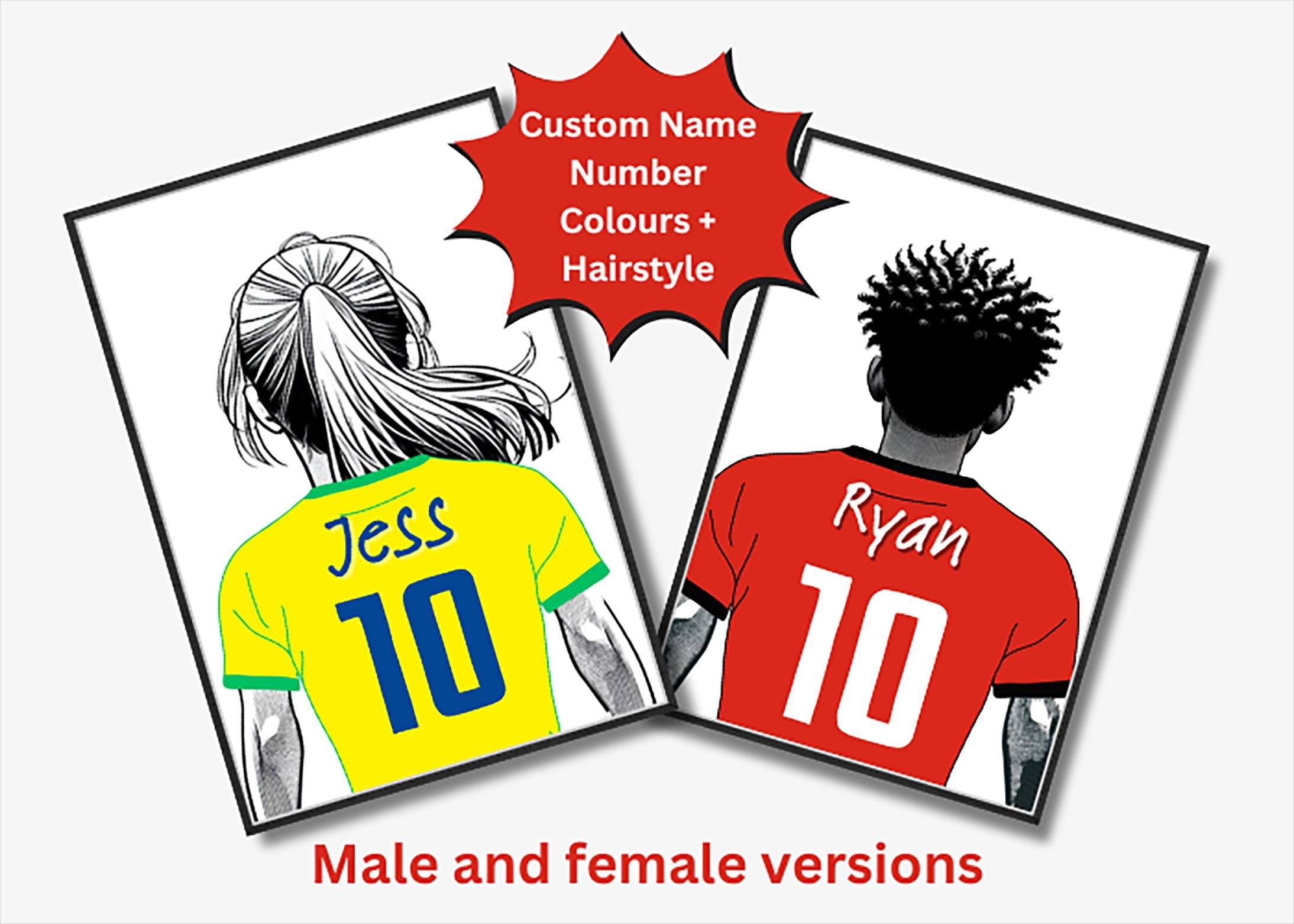 Personalised Soccer Shirt Print gift - Custom Name, Number, Shirt Colour & Hairstyle - A3 or A4, Framed/Unframed, male or female gift