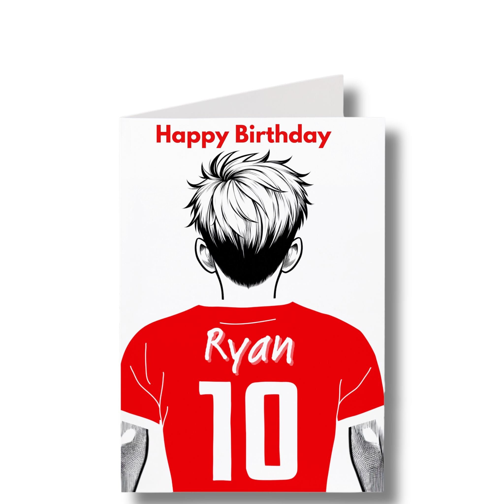 Personalised Birthday card custom soccer shirt, custom name, number, colours and hairstyle