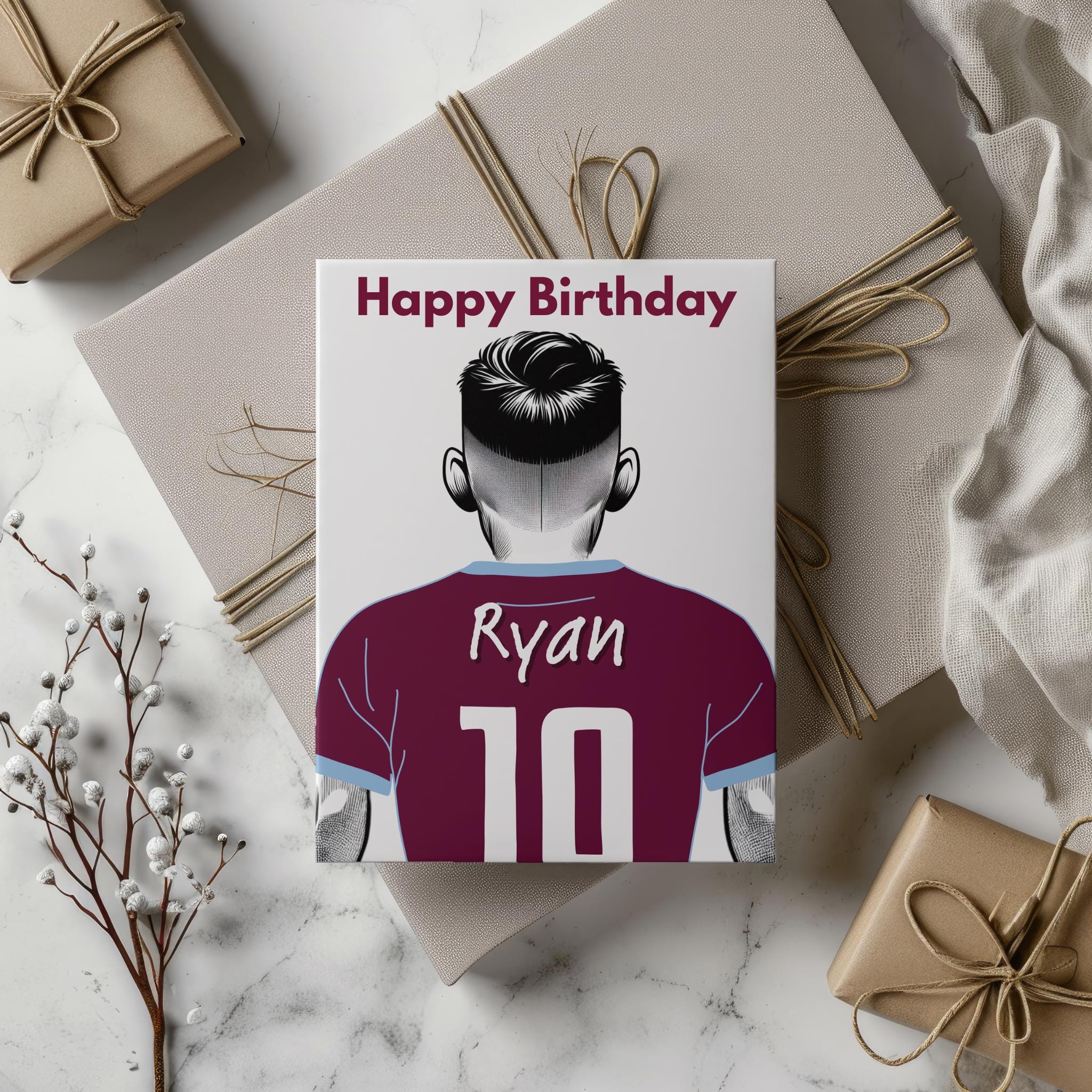 Personalised Birthday card custom soccer shirt, custom name, number, colours and hairstyle