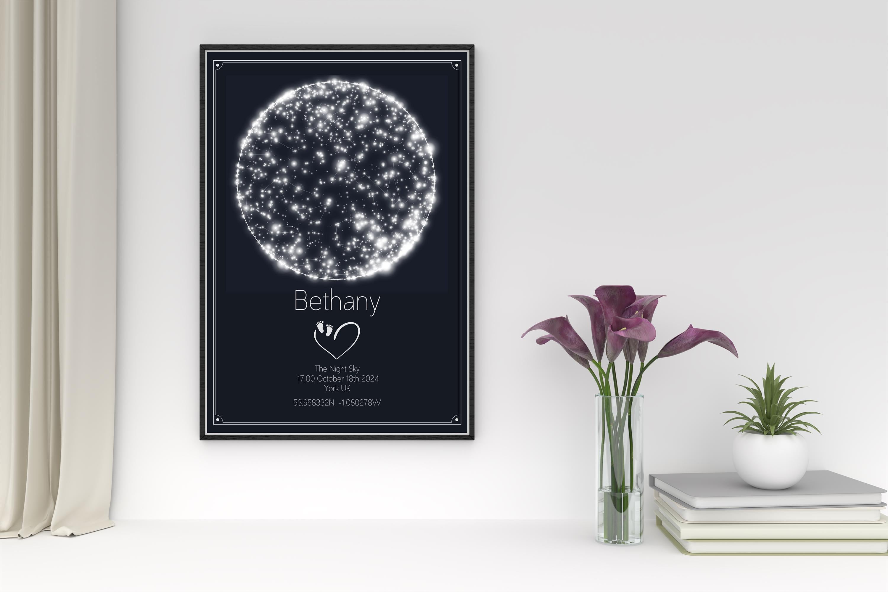 Personalised New Baby Birth Star Map - Custom Night Sky Print with Name, Date, Location & Coordinates - A3/A4