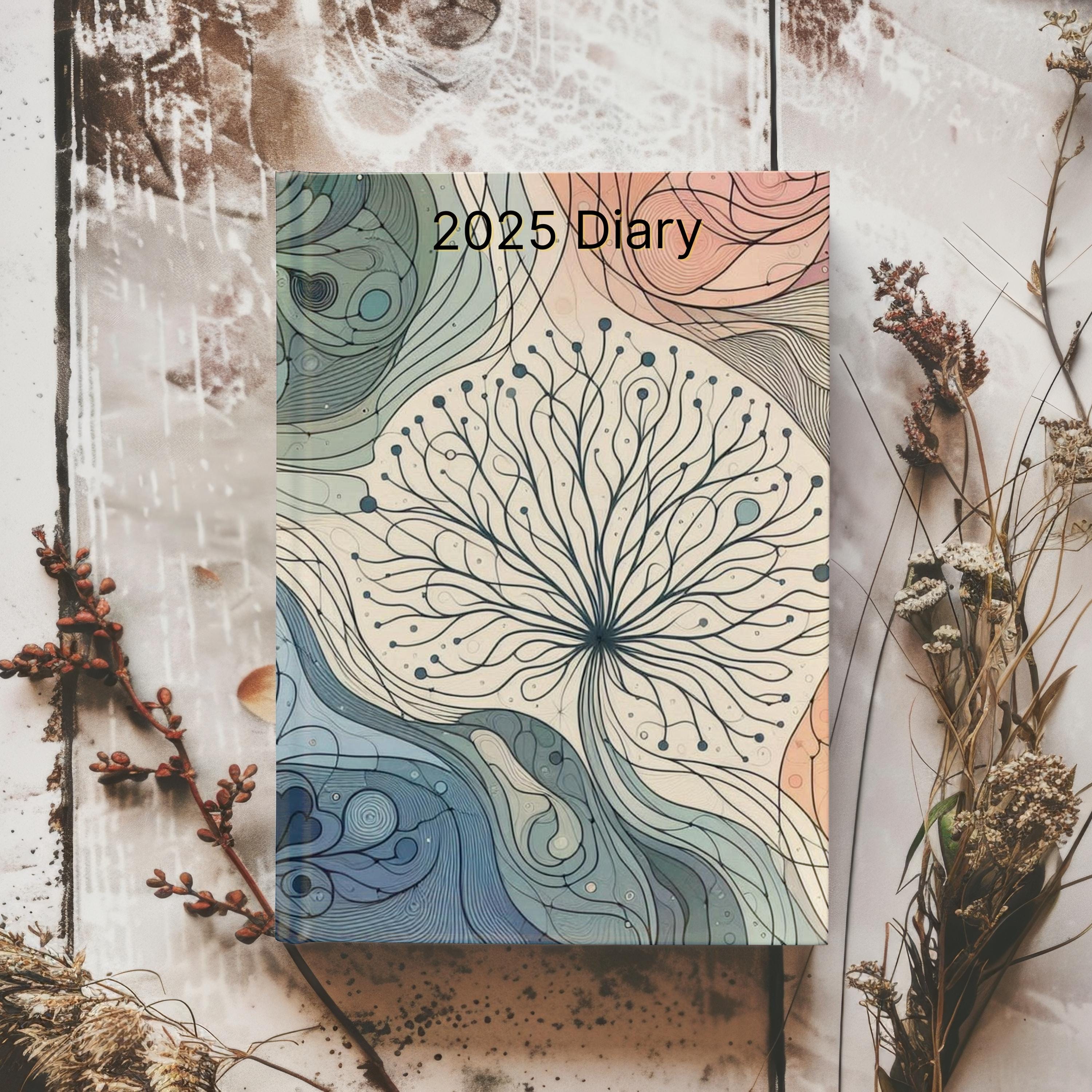 2025 Diary - week to view, Hardcover, Neurographic design, heart version, A5 Thread-Sewn Journal with 100gsm Paper