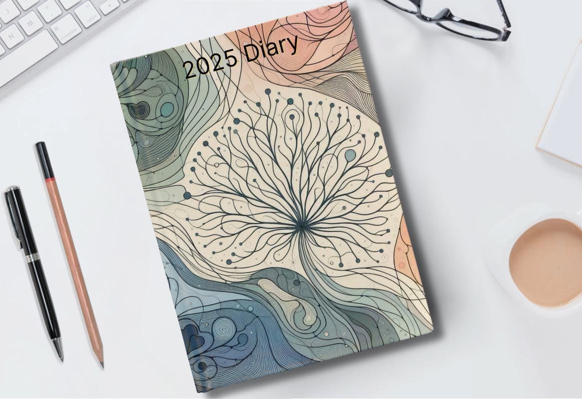 2025 Diary - week to view, Hardcover, Neurographic design, heart version, A5 Thread-Sewn Journal with 100gsm Paper