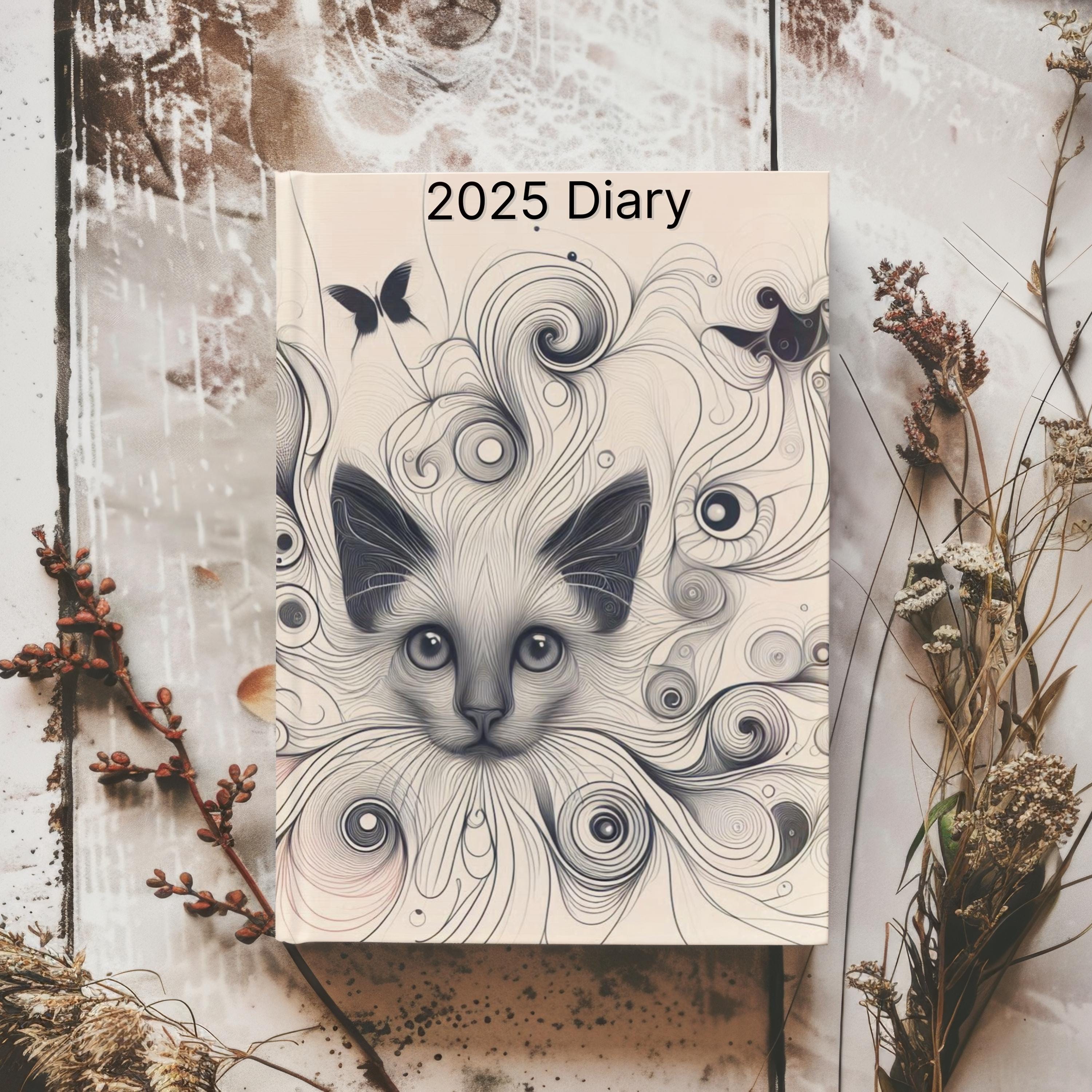 2025 Diary - week to view, Hardcover, Neurographic design, cat version, A5 Thread-Sewn Journal with 100gsm Paper